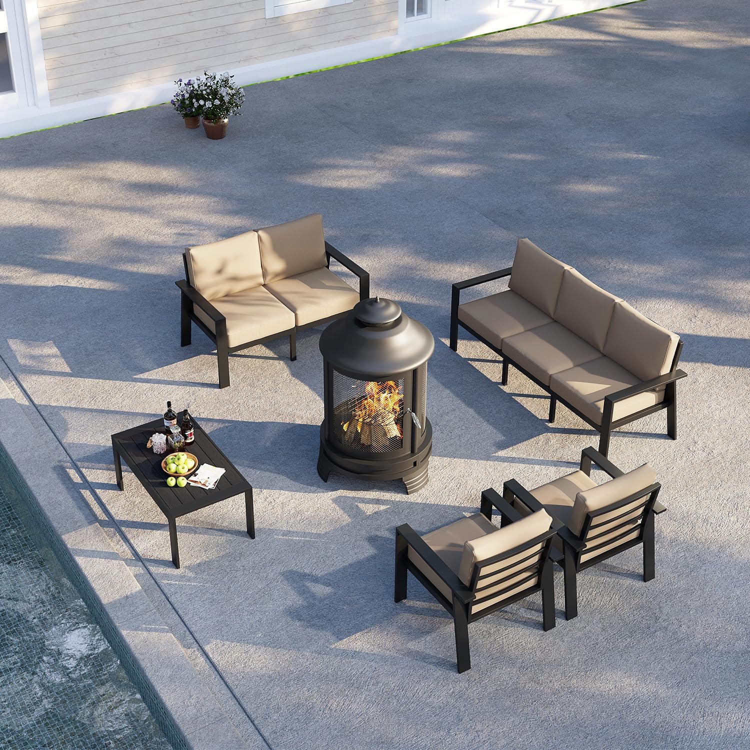 Patio Furniture with Large Fire Pit Chiminea, 2 in 1 Fire Pit for Outdoor, Aluminum Furniture Set for Lawn, Garden, Backyard