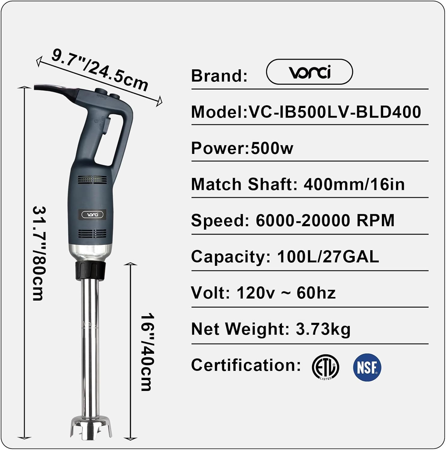 VONCI 500W Commercial Immersion Blender, 16