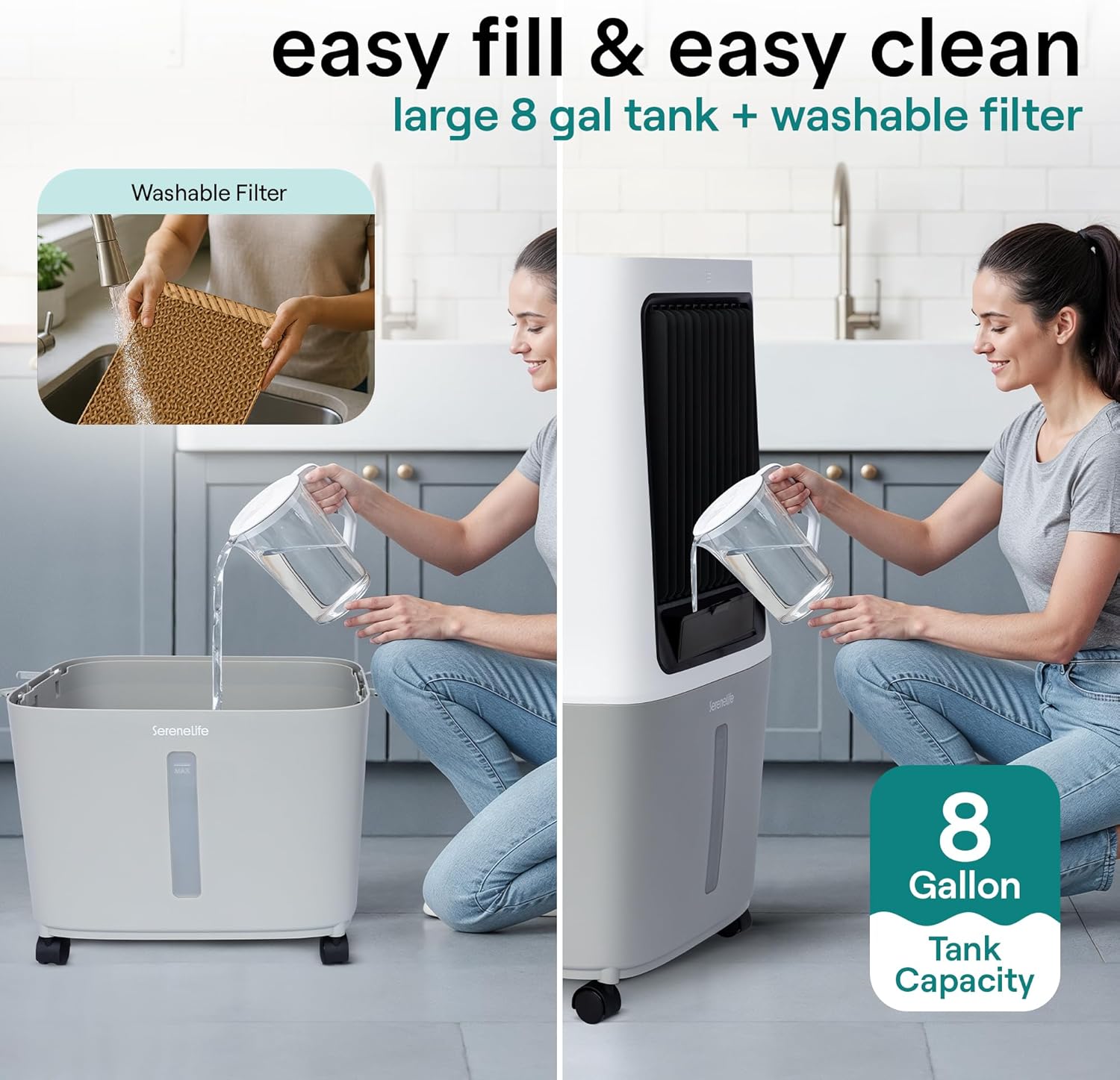 SereneLife Portable Swamp Cooler Air Conditioner - 2500 CFM Airflow, 8 Gallon Water Tank Portable Evaporative Air Cooler for Room & Outdoors, WiFi, Humidifier & Fan Modes, Ice Packs & Remote Included