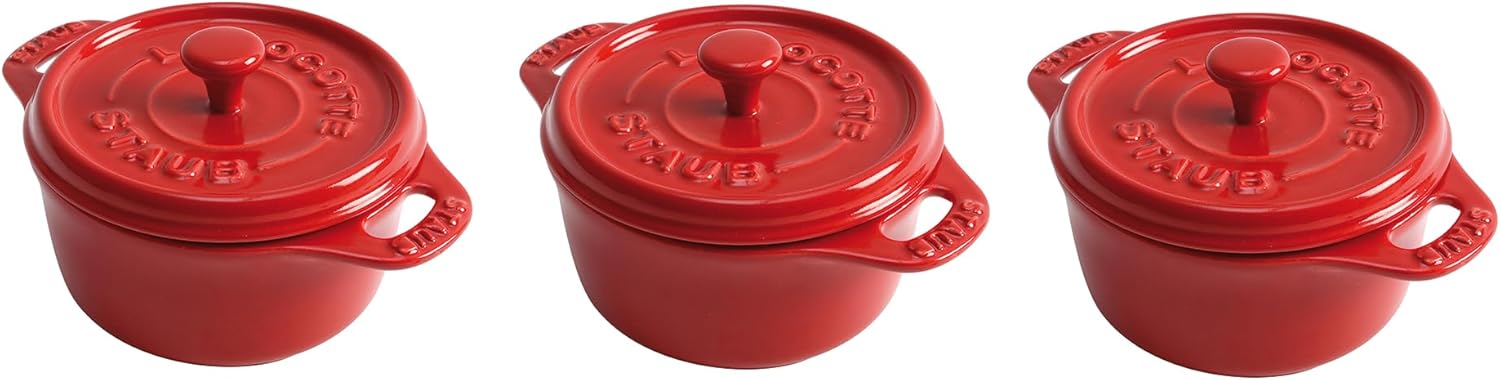 STAUB Ceramics Dutch Oven 3-piece Mini Round Cocotte, Cherry