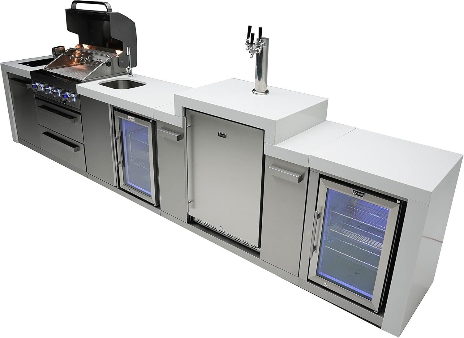 Mont Alpi MAi400-DKEGBEVFC 32-Inch 4-Burner 78000 BTU Deluxe Island Outdoor Kitchen Bar Gas Grill w/ 3 Beer Tap Kegerator Keg Dispenser + Wine Cooler Beverage Center Refrigerator & Granite Countertops