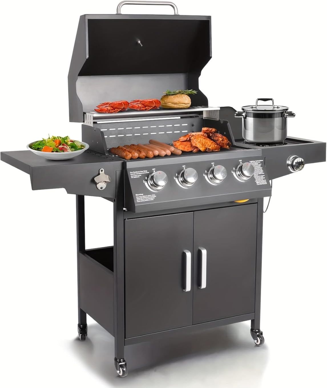 Black Freestanding Propane Gas Grill Featuring 4 Burners And a Side Burner, Equipped with Wheels for Outdoor Barbecue Cooking in The Garden. (1)