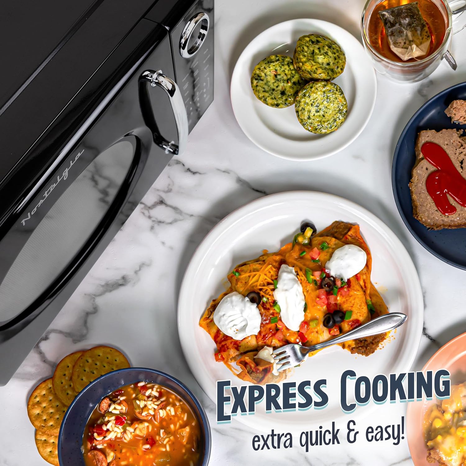 Nostalgia Retro 1000W Microwave Oven 1.1 Cu Ft Capacity – Child Safety Lock, 8 Auto-Cook Settings – Countertop Kitchen Appliance – Black