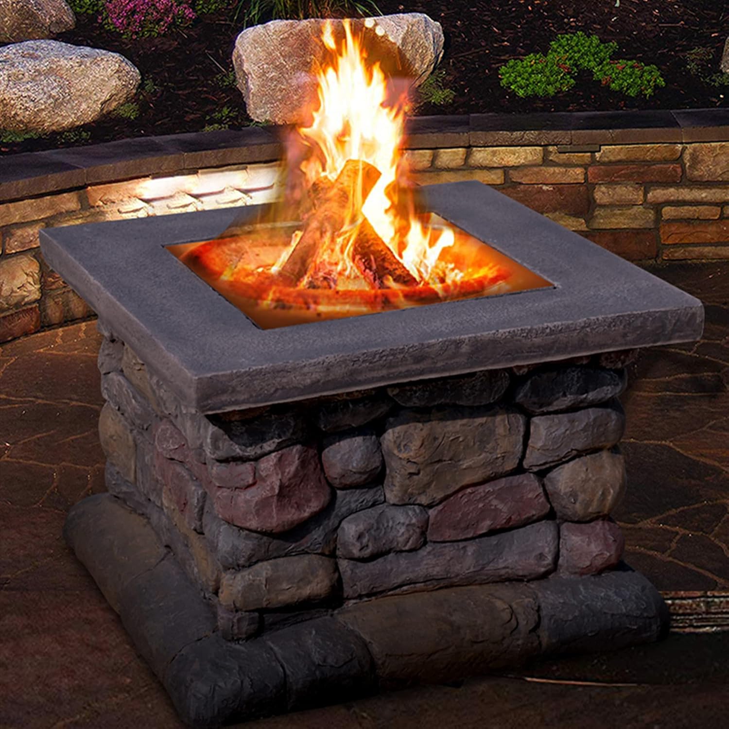 Luxurious Fire Pit Table, Outside Fire Pit Table & Coffee Table, Square Patio Firetable & Picnic Side Table, for Backyard, Garden, Camping, Party, Deck, Courtyard