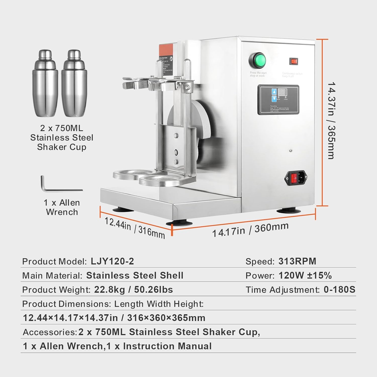 Happybuy 120W Milkshake Maker Machine, Double Head Commercial Milk Tea Shaker, 0-180s Adjustable Blender with 750ml Stainless Steel Cup for Milk Tea Store