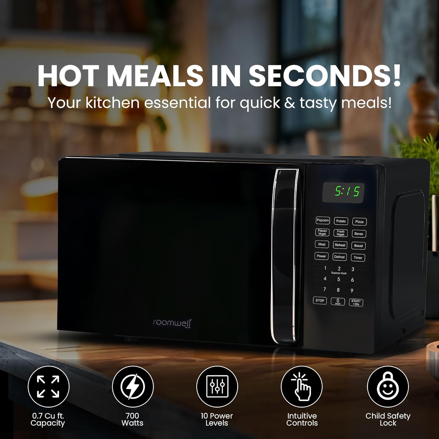 0.7 Cu Ft Microwave Countertop Small with Digital Display, 700 watt Microwave Black has 10 Power Levels & Auto Defrost Function Mini Microwave Oven Compact With Child Lock For Dorm, Home, Office