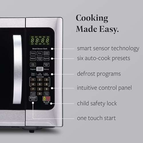 Farberware 1.2 Cu. Ft. Countertop Microwave Oven – 1000 Watts Power, Smart Sensor Auto Cook Settings, Defrost, Easy Clean and Child Safety Lock - Stainless