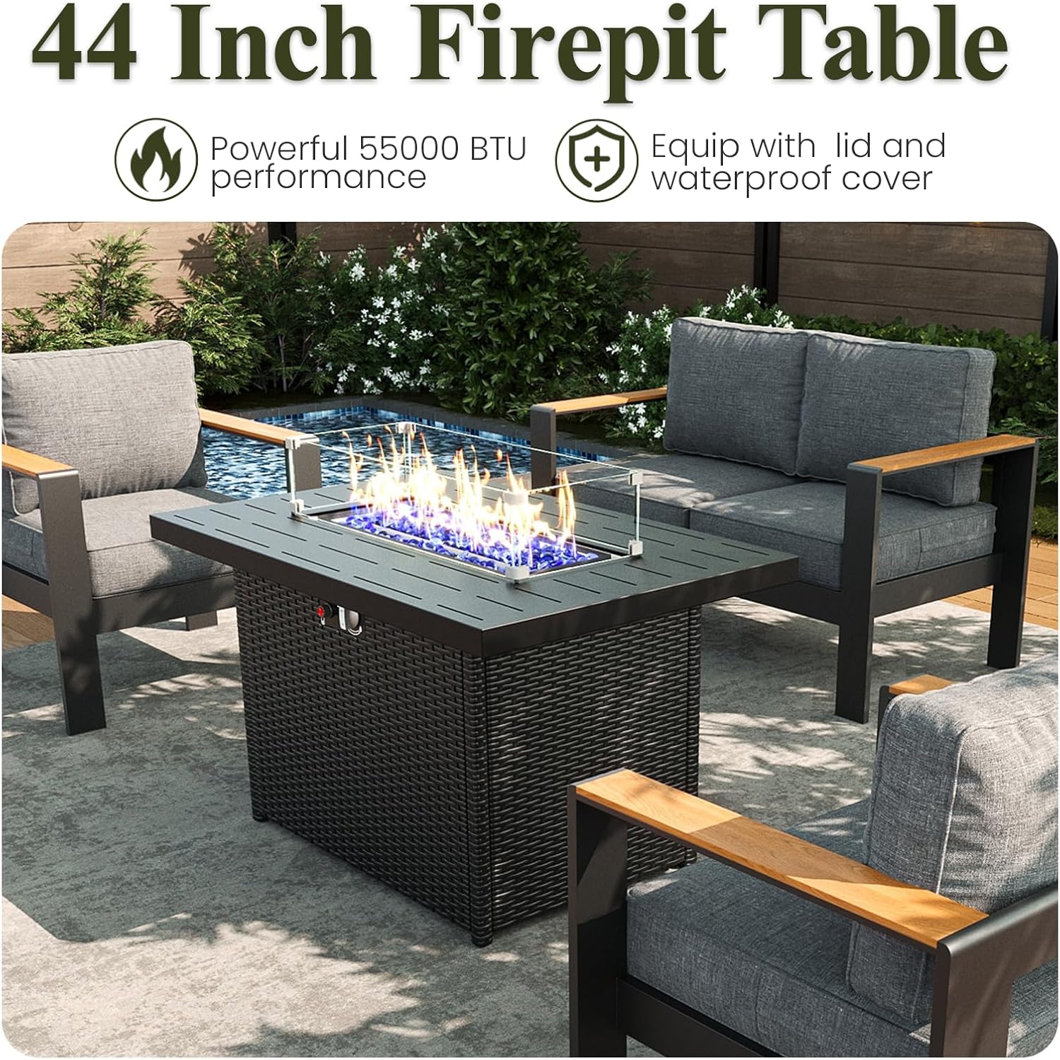 LayinSun 4 Piece Aluminum Outdoor Furniture Set with Fire Pit Table, Outside Patio Deep Seating Conversation Set with Upgraded Washable Thick Cushion