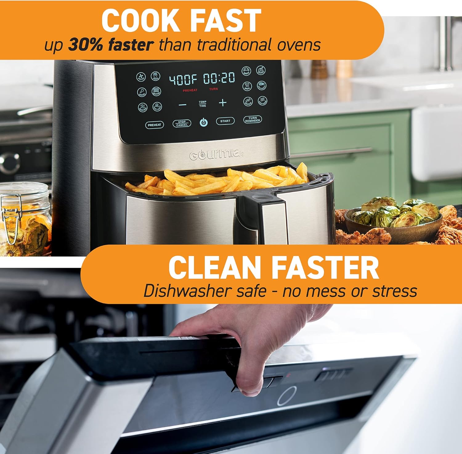 Gourmia Air Fryer Oven Digital Display 8 Quart Large AirFryer Cooker 12 Touch Cooking Presets, XL Air Fryer Basket 1700w Power Multifunction GAF838 Black and stainless steel air fryer