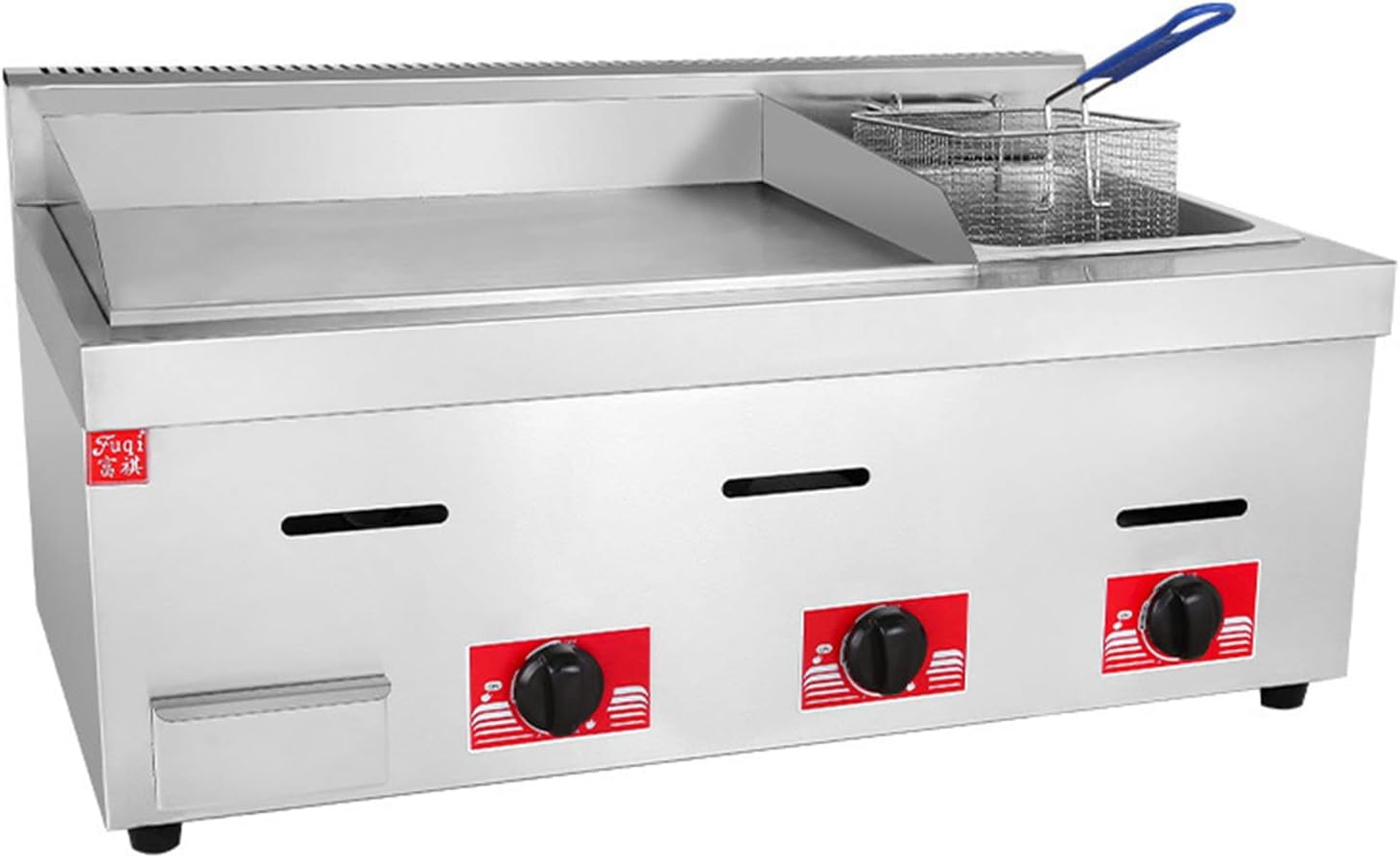 Outdoor Flat-top Gas Frying Pan Griddle Fryer, Restaurant Professional Grade Stainless Steel Propane Grill, Multi-function Commercial Kitchen Gas Grill, French Fries Fryer with Basket