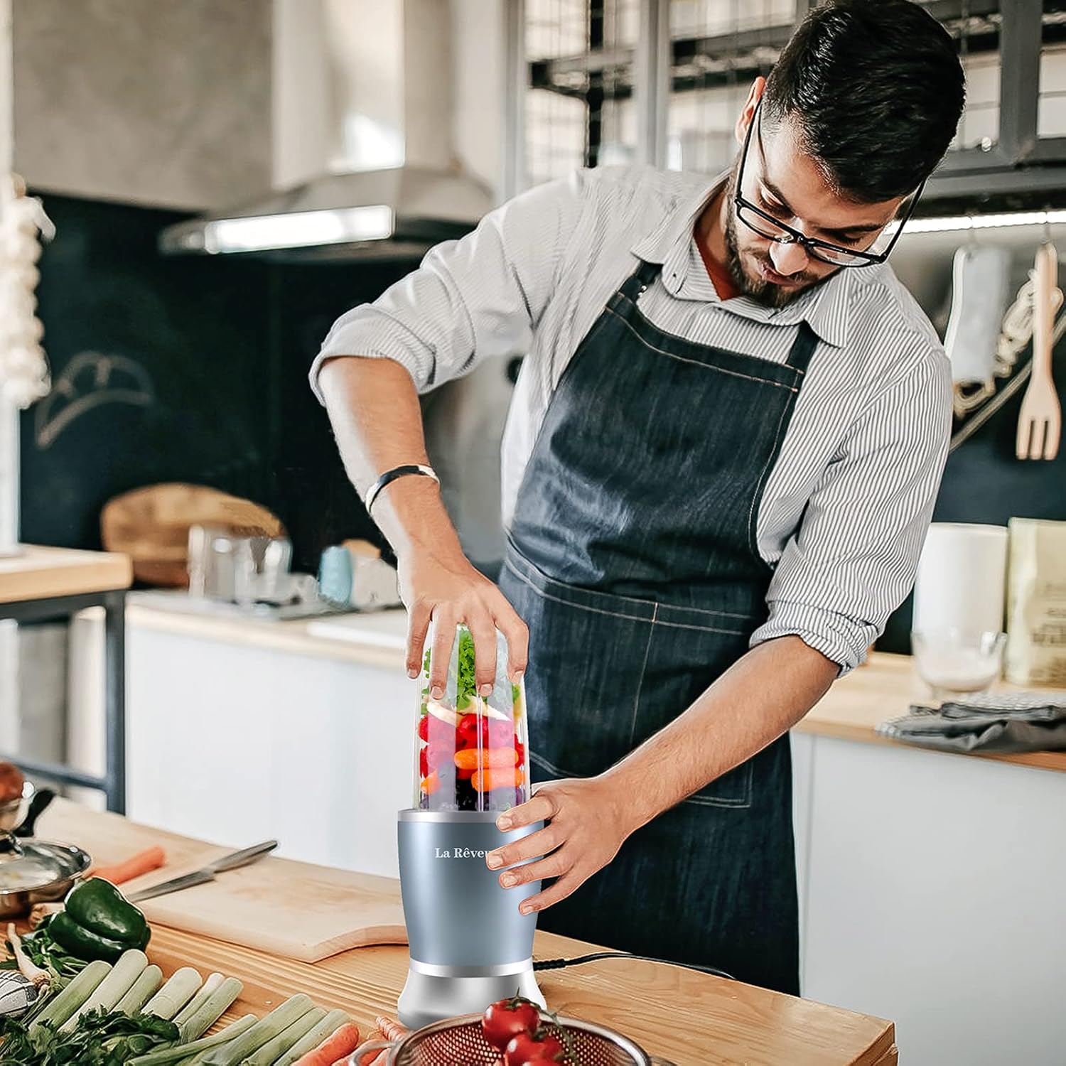 La Reveuse 250W Smoothie Blender (Pearl Blue) + La Reveuse Small Food Chopper (Silver)