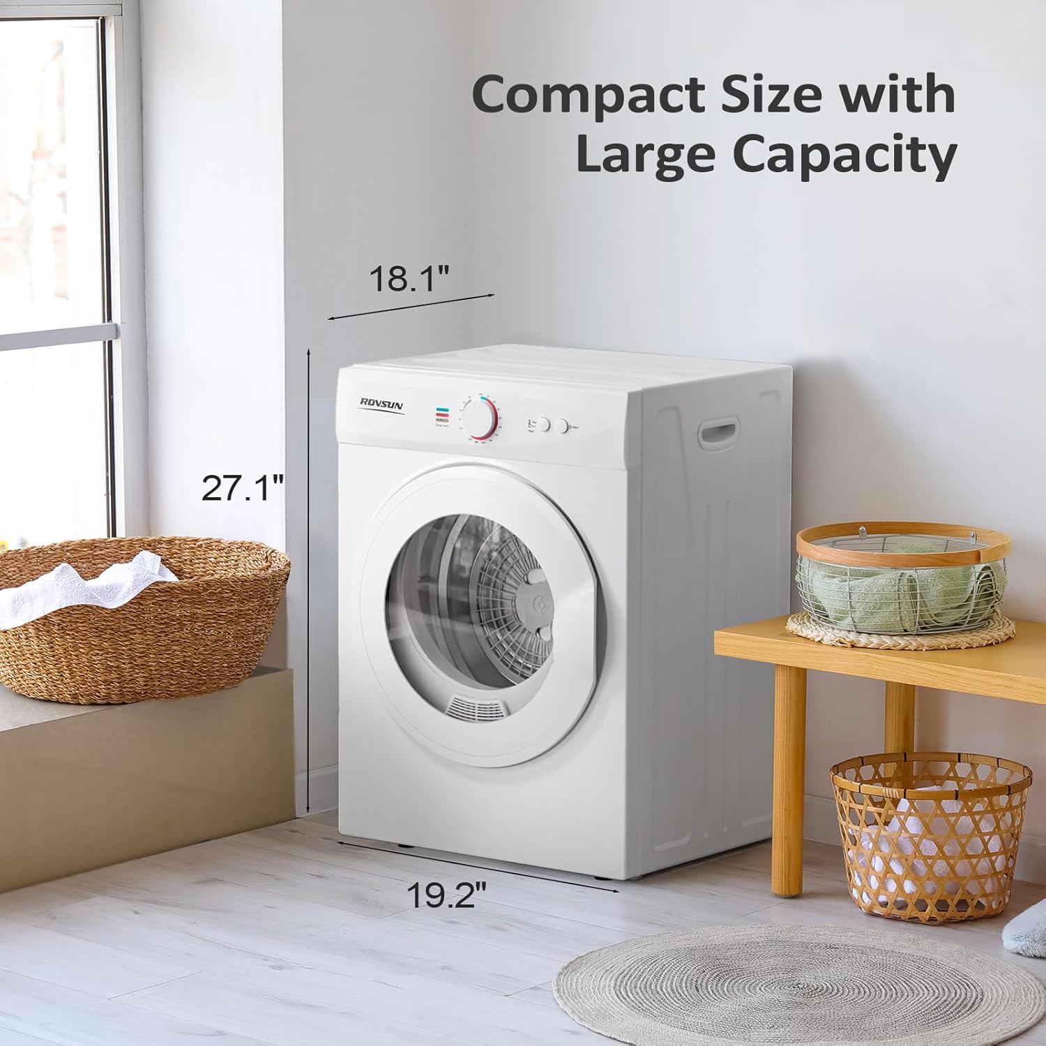 ROVSUN 1.8 Cu.Ft Portable Clothes Dryer, Front Load Dryer Machine, Compact Laundry Dryer with Stainless Steel Tub for Apartment, Home, Dorm (Classic Knob Control)