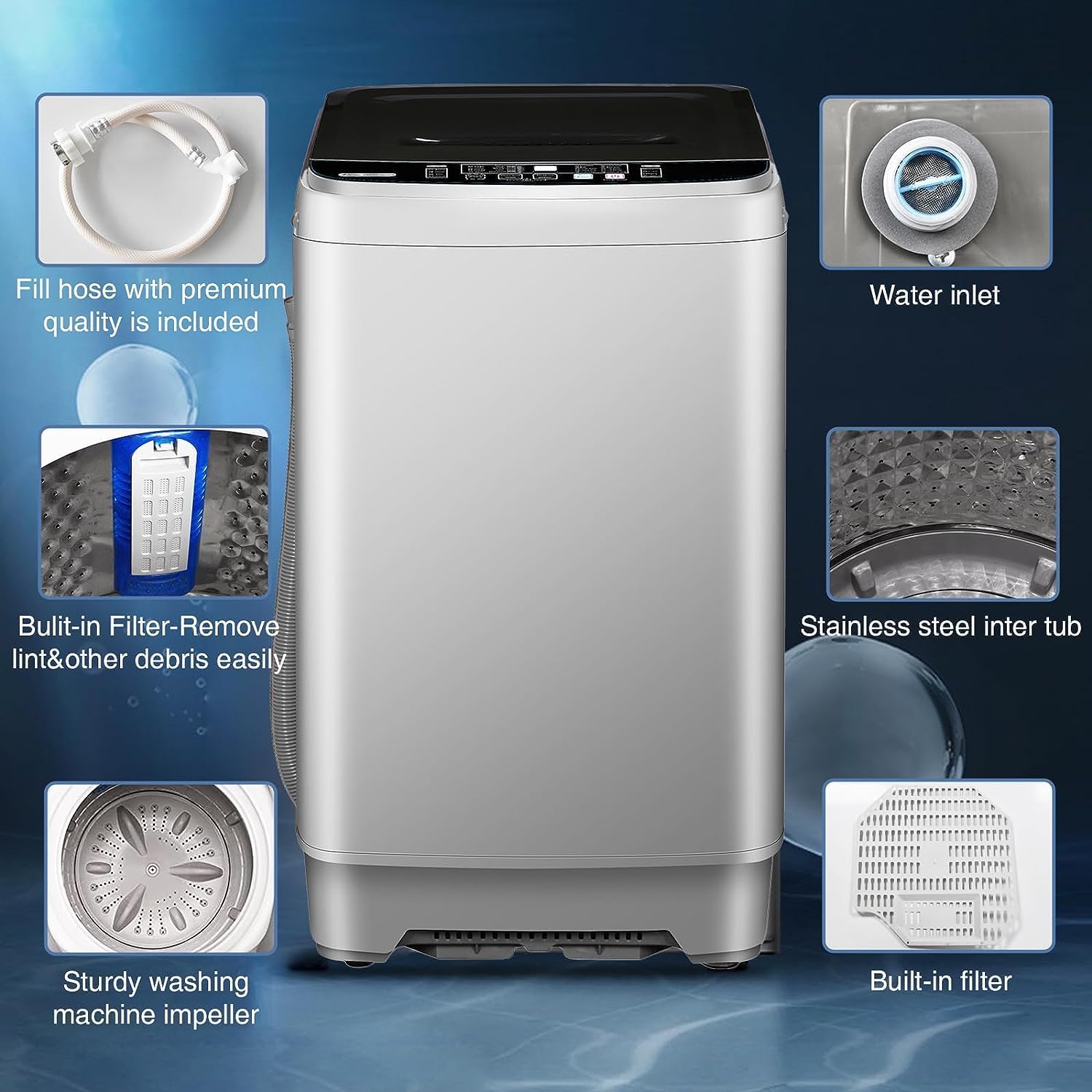 Full Automatic Washing Machine with LED Display, 10 Programs & 8 Water Levels Selections, 15.6Lbs for Home, RV, Camping, Apartment, Dorm (‎Grey)