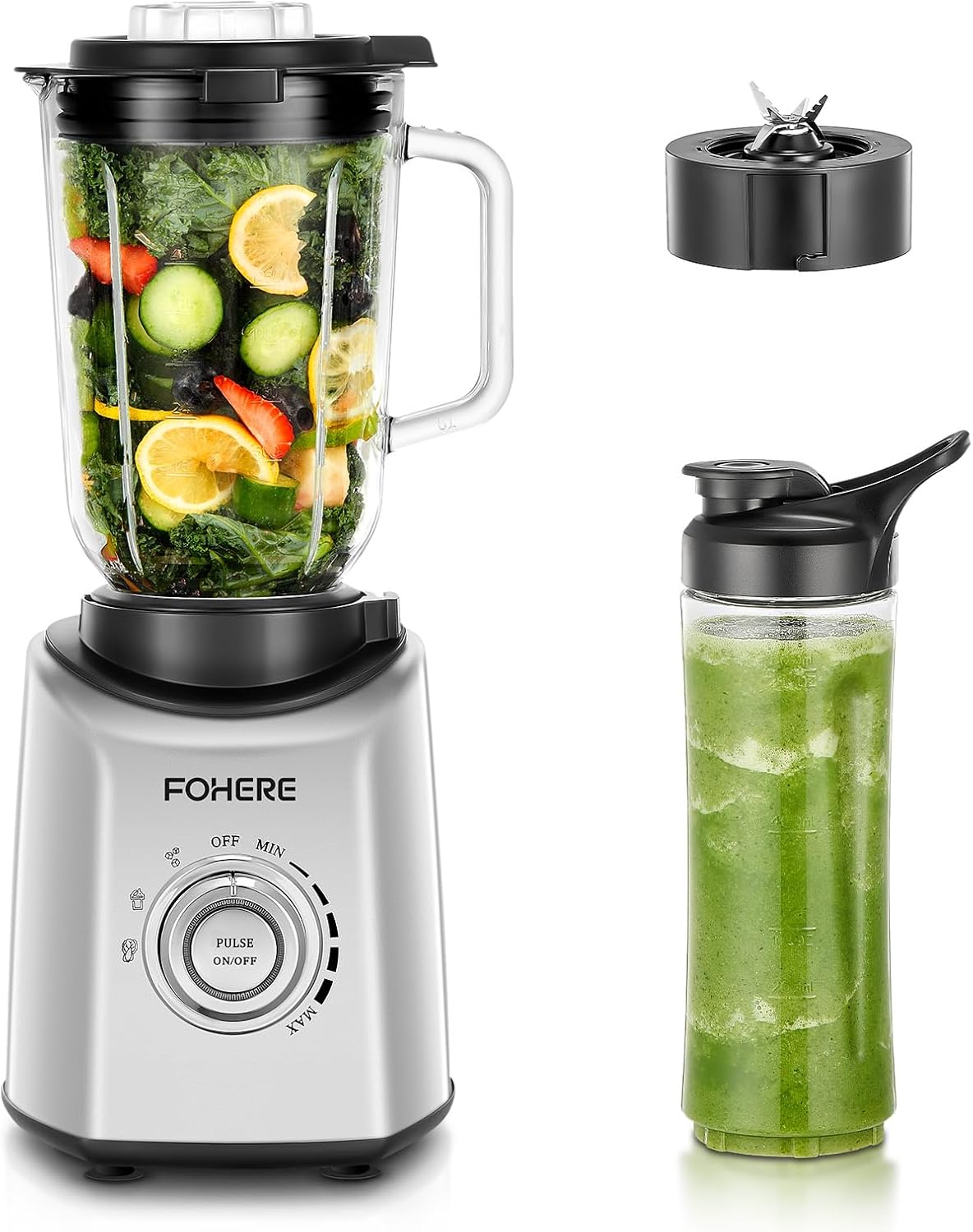 FOHERE Professional Blender Peak 1200W, Countertop Blender with 3 Presets＆ 5 Speeds for Smoothies, Shakes, and Frozen Drinks, 50 Oz Glass Jar ＆20 Oz Tritan Jug