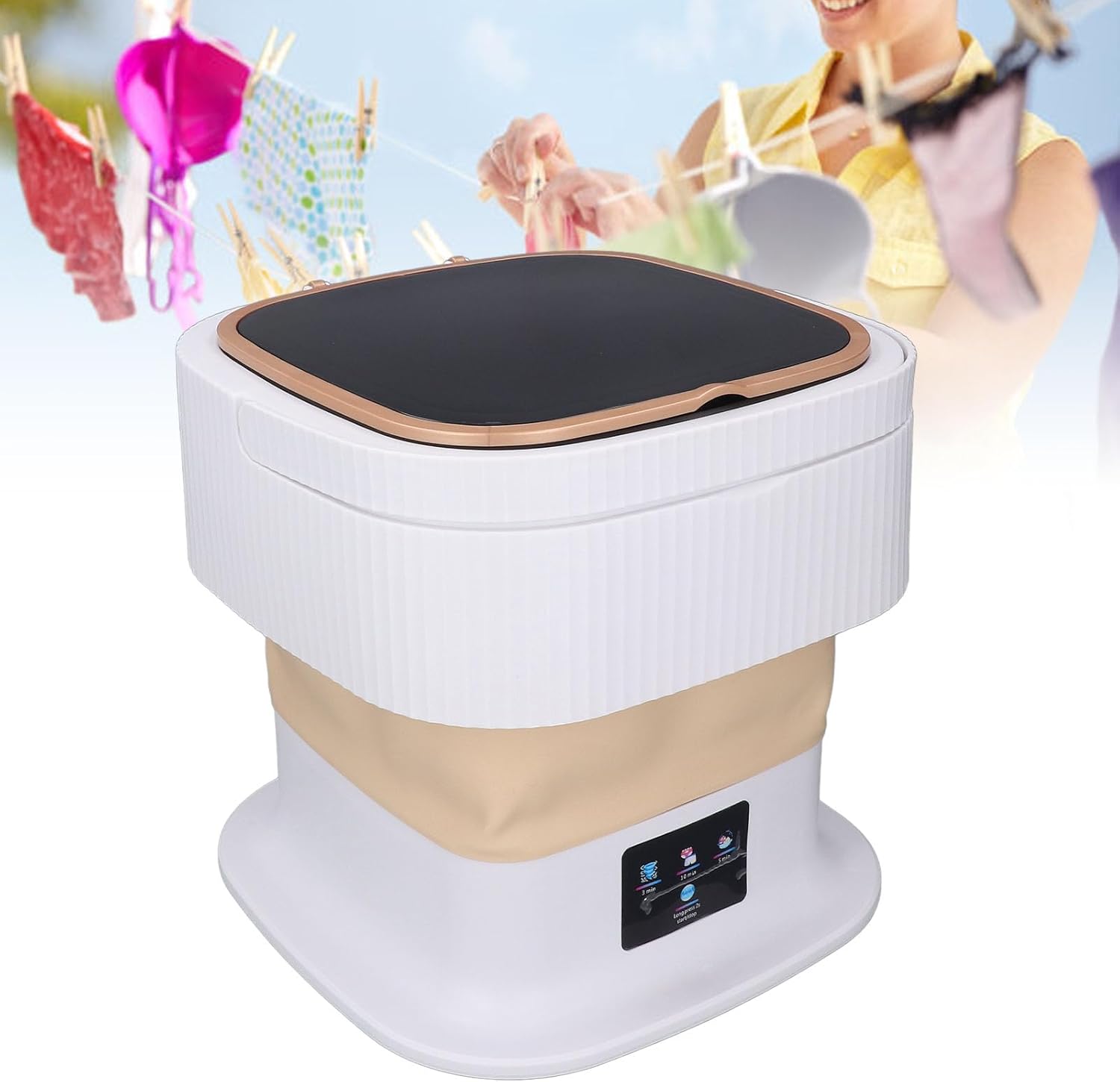 Portable Washing Machine, 11.5L Large Capacity 3 Timer Modes Mini Foldable Washer with Drain Hose for Underwear Baby Clothes (Beige)