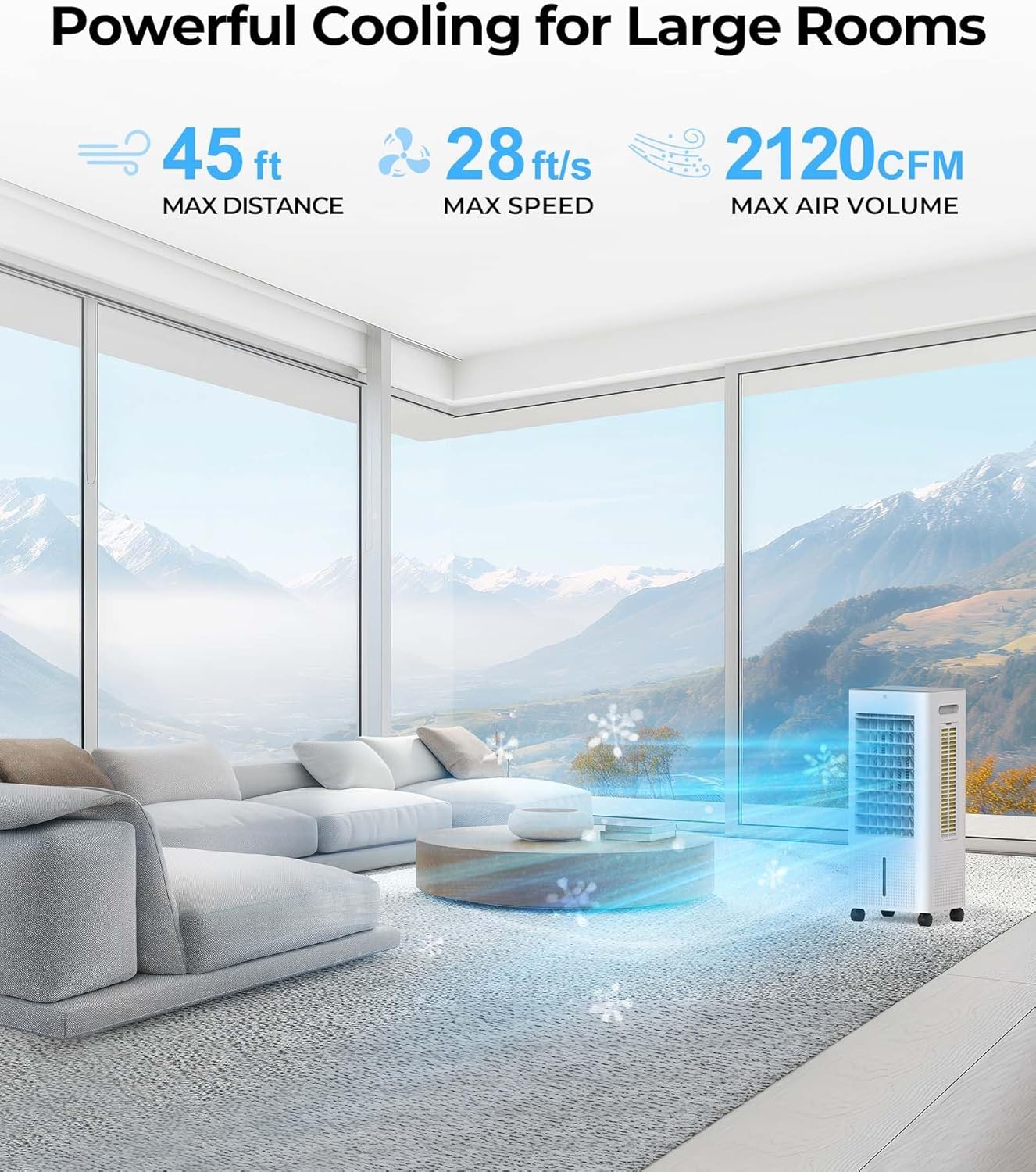 Evaporative Air Cooler with Remote & Timer, 2200+ CFM Portable Fan That Blows Cold Air for Large Room, Home Office, Bedroom - 2.1Gal High-Capacity Tank, 3 Modes, Whisper Quiet 30dB & Sleep Mode