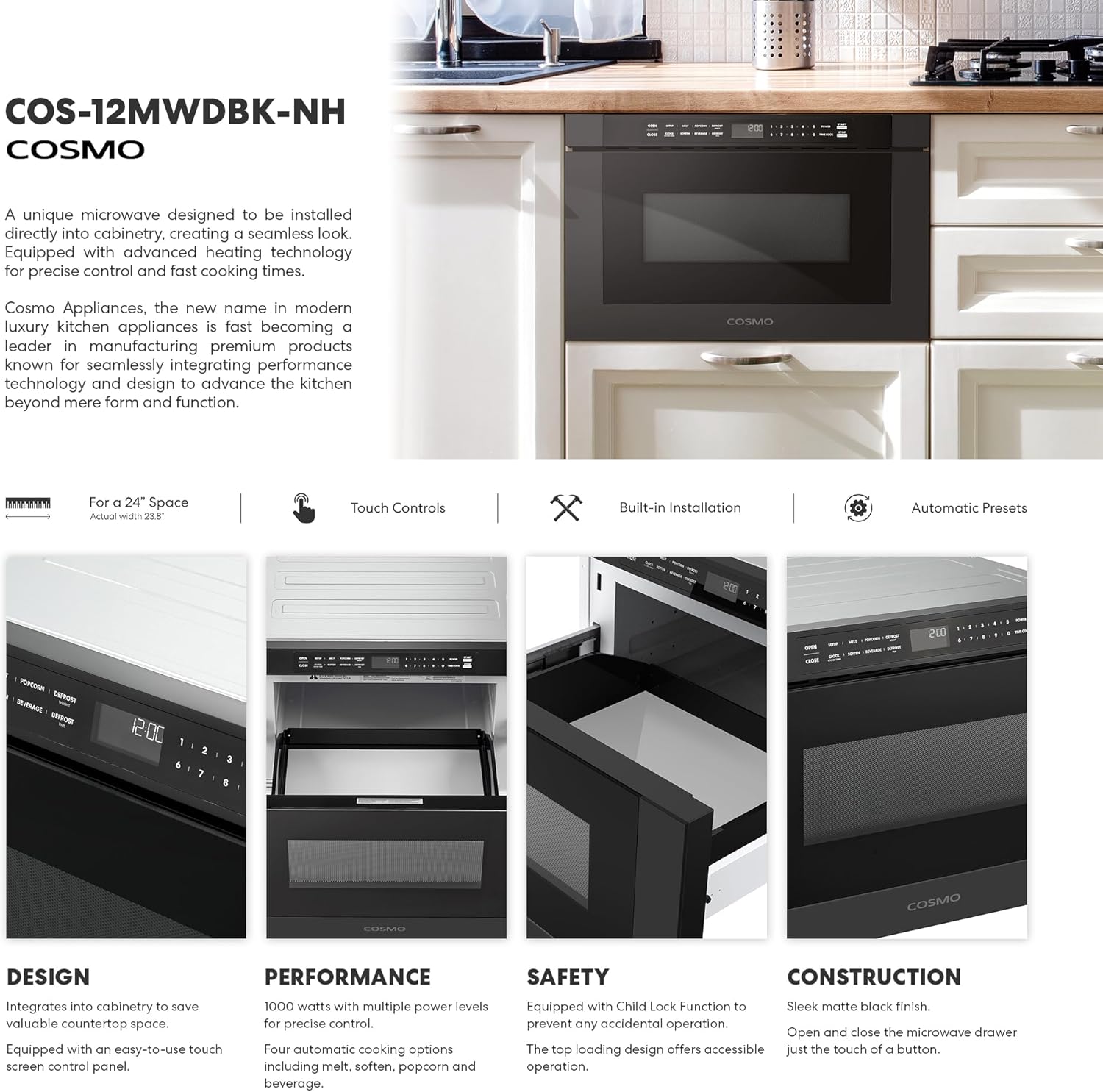 COSMO COS-12MWDBK-NH 24 in. Haven Collection 1.2 cu. ft. Built-in Microwave Drawer, 1000W, Touch Controls, Defrosting Rack in Matte Black