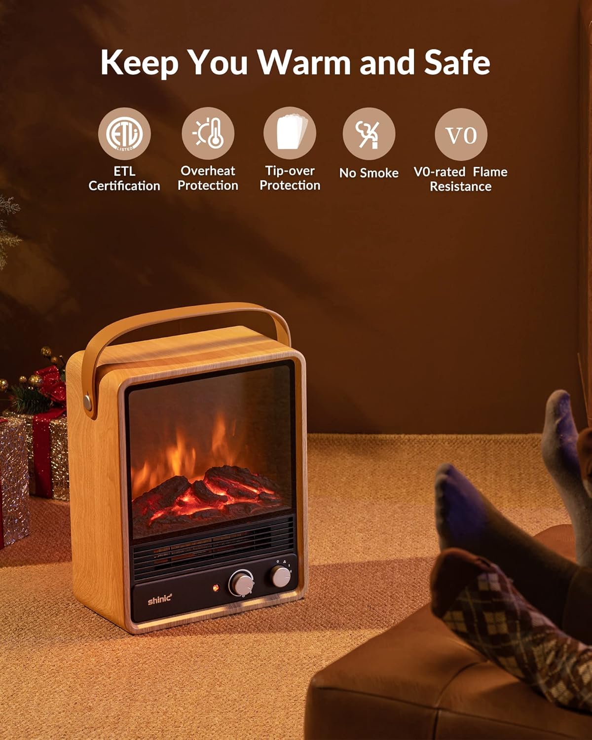 Shinic Electric Fireplace Heaters for Indoor Use,1500W Space Heater with Crackling Sound & 3D Realistic Flame, Safety Protection, Mini Portable Fireplace Heater for Home Christmas Decoration, Walnut