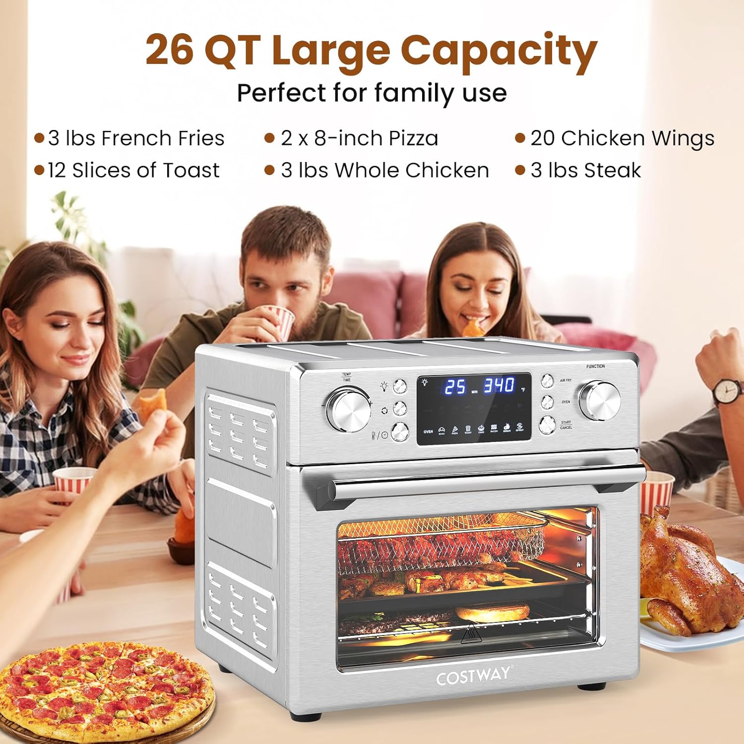COSTWAY 14-in-1 Air Fryer Toaster Oven Combo, 1700W Dual Cook & 26 QT Large Capacity Stainless Steel Countertop Convection Oven with Bake, Rotisserie, Dehydrate & Defrost, LED Display, 7 Accessories