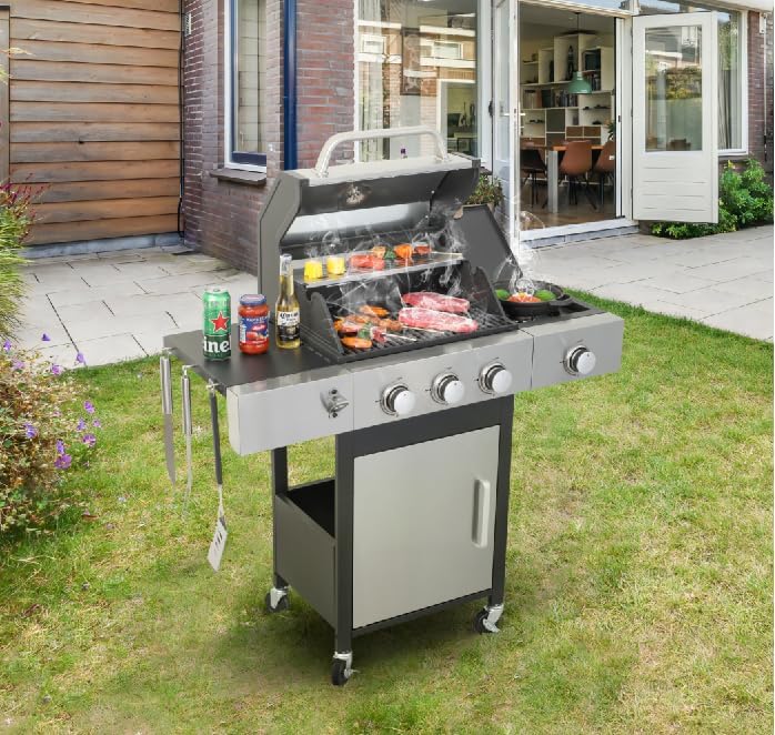 3-Burner Propane Gas BBQ Grill with Side Burner, 37230BTU Output With Enameled Cast Iron Cooking Grids For Outdoor Barbecue, Stainless Steel for Kitchen and Patio Backyard