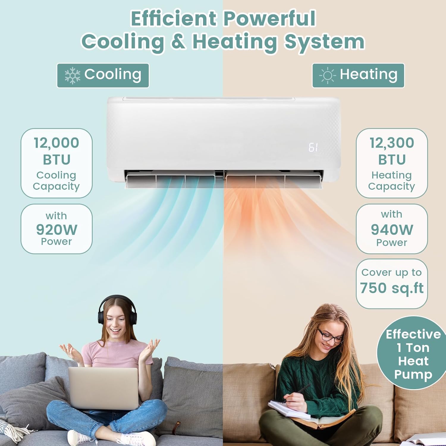 RELAX4LIFE Mini Split Ac/Heating System, 12000 BTU Ductless Mini Split Air Conditioner w/Heat Pump, Remote Control, Cools Up to 750 Sq.Ft, Installation Kit, 21 SEER2 208-230V Inverter Split AC Unit