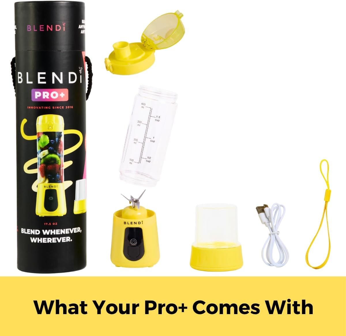 BLENDi Pro+ Portable Blender (17.5oz, Lemon) – Upgraded Ice Crushing 120W Motor, USB-C Rechargeable, Cordless Personal Blender Smoothies & Shakes – BPA-Free, Self-Cleaning, Travel-Friendly (NEW)