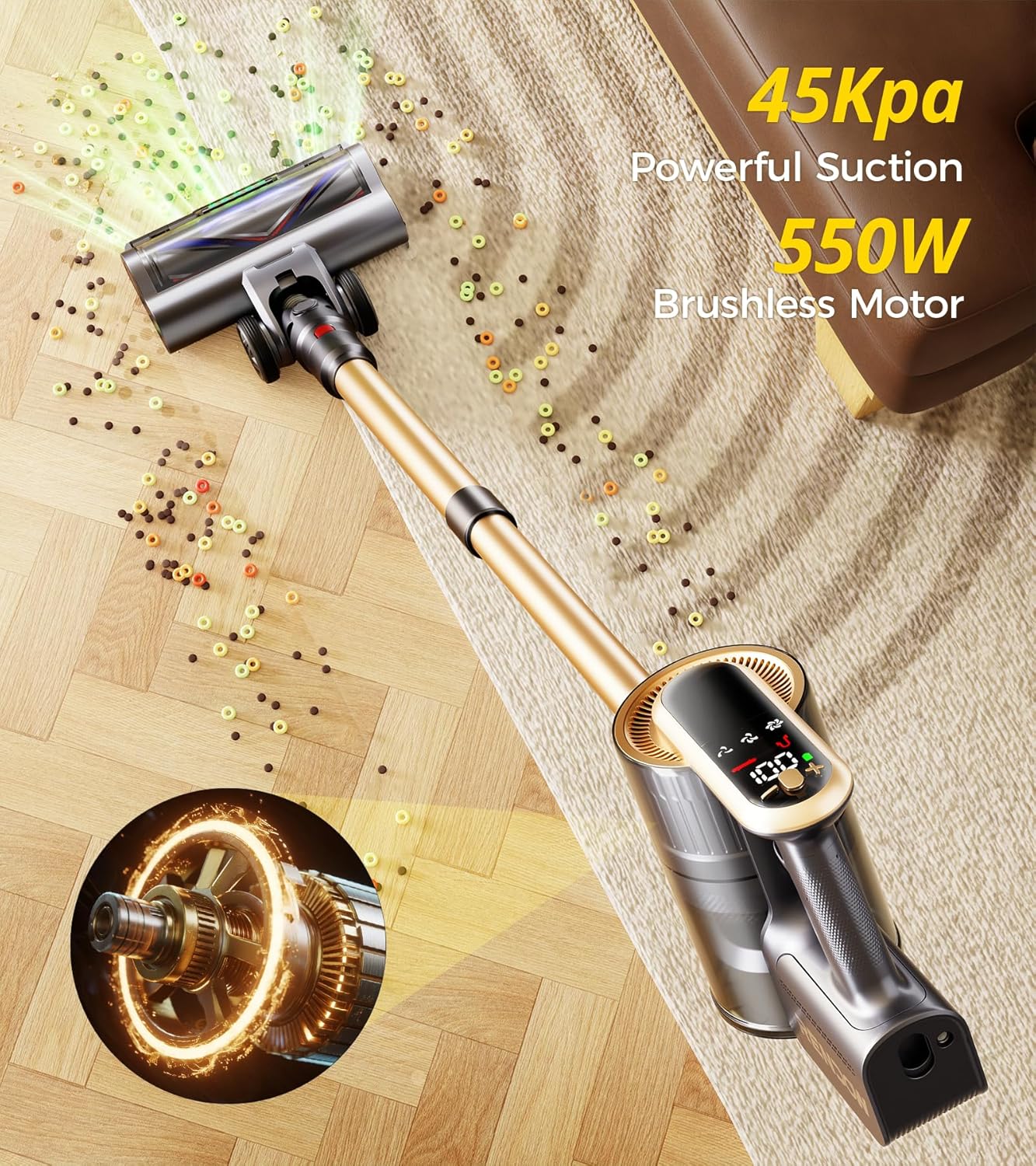 RENDOW Cordless Vacuum Cleaner, 550W 45Kpa Stick Vacuum, 65Mins Vacuum Cleaners for Home with LED Display, Self-Standing Anti-Tangle Lightweight Vacuum Cordless for Carpet Hardwood Floor