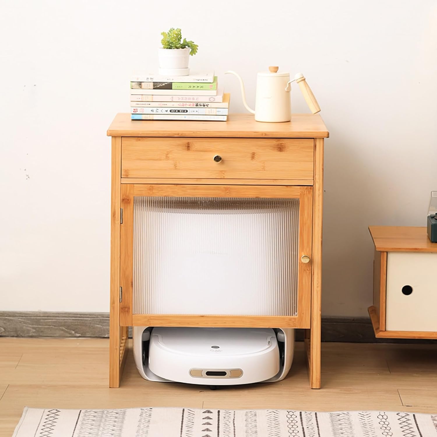 Robot Vacuum Stand Cabinet, Storage Cabinet with Doors for Robot Vacuum Cleaner, End Table for Living Room & Home Organization, Portable Robot Night Stand(Yellow,55.5 * 46 * 73.5cm)