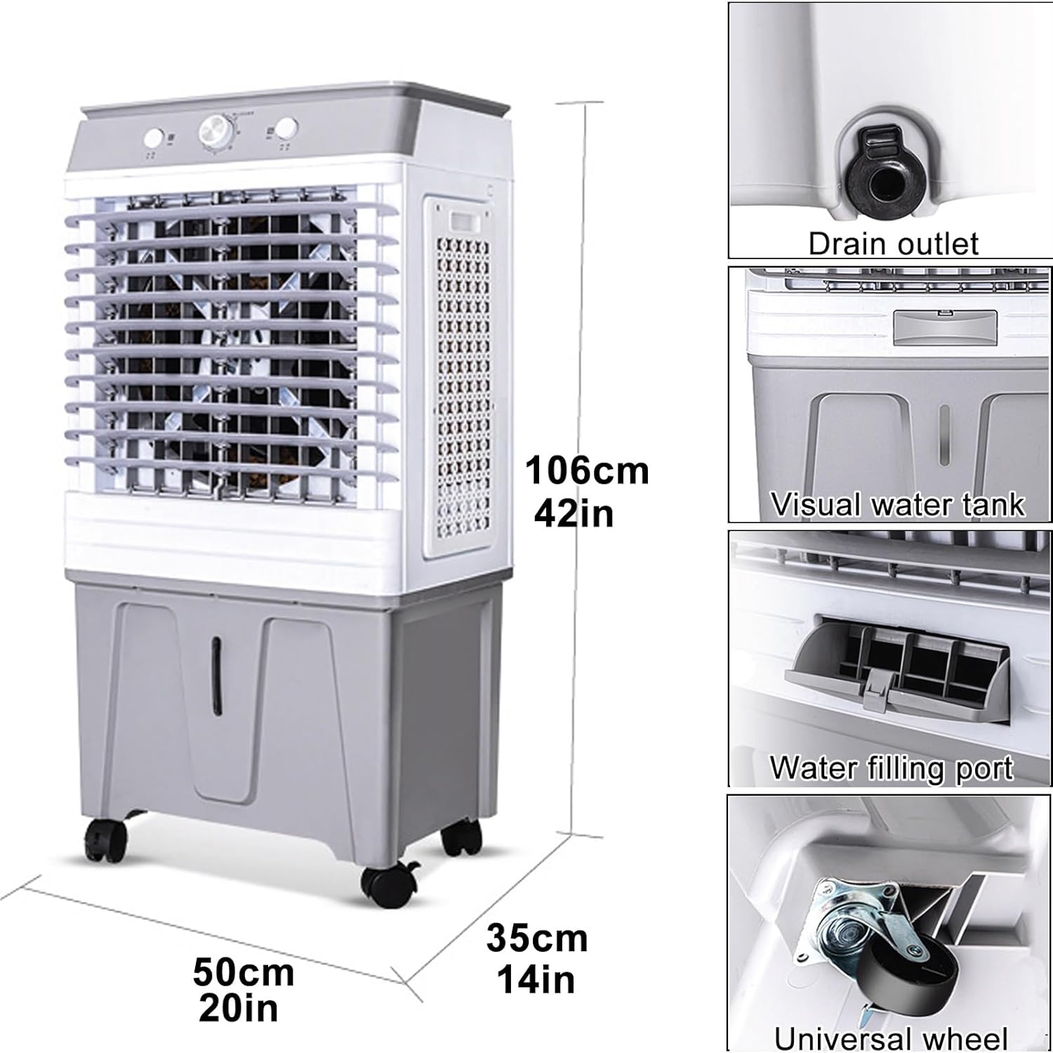 Portable Air Conditioner, Cooling Fan with 60L Water Tank, 4 Universal 360° Wheel, 4 Ice Box, 3 Speeds, for Room Garage Commercial