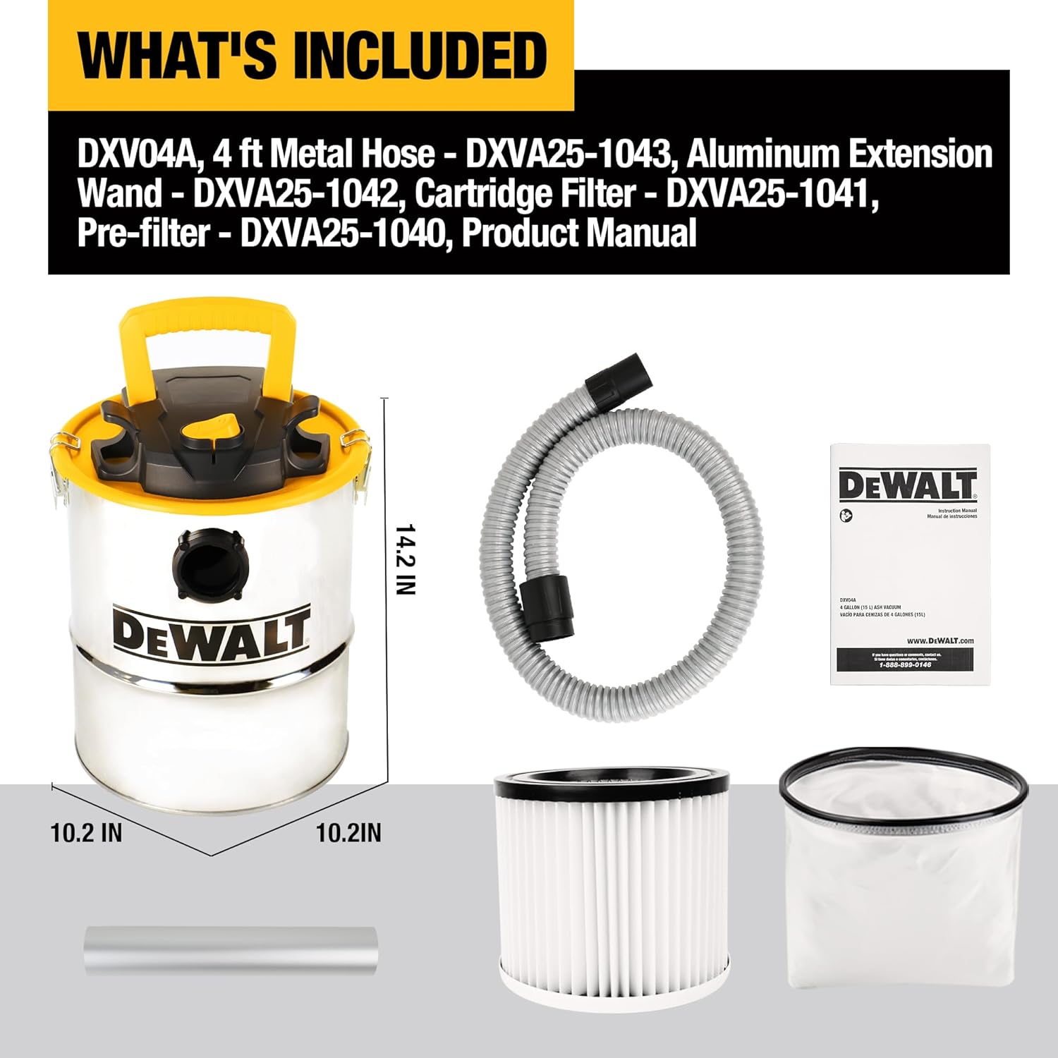DEWALT Ash Vacuum DXV04A, 4 Gallon Metal Canister, 4 HP Powerful Motor, Strong Suction, and Efficient Filtration Safe Ash Vacuum for Pellet Stoves, Fireplaces, and BBQ Grills