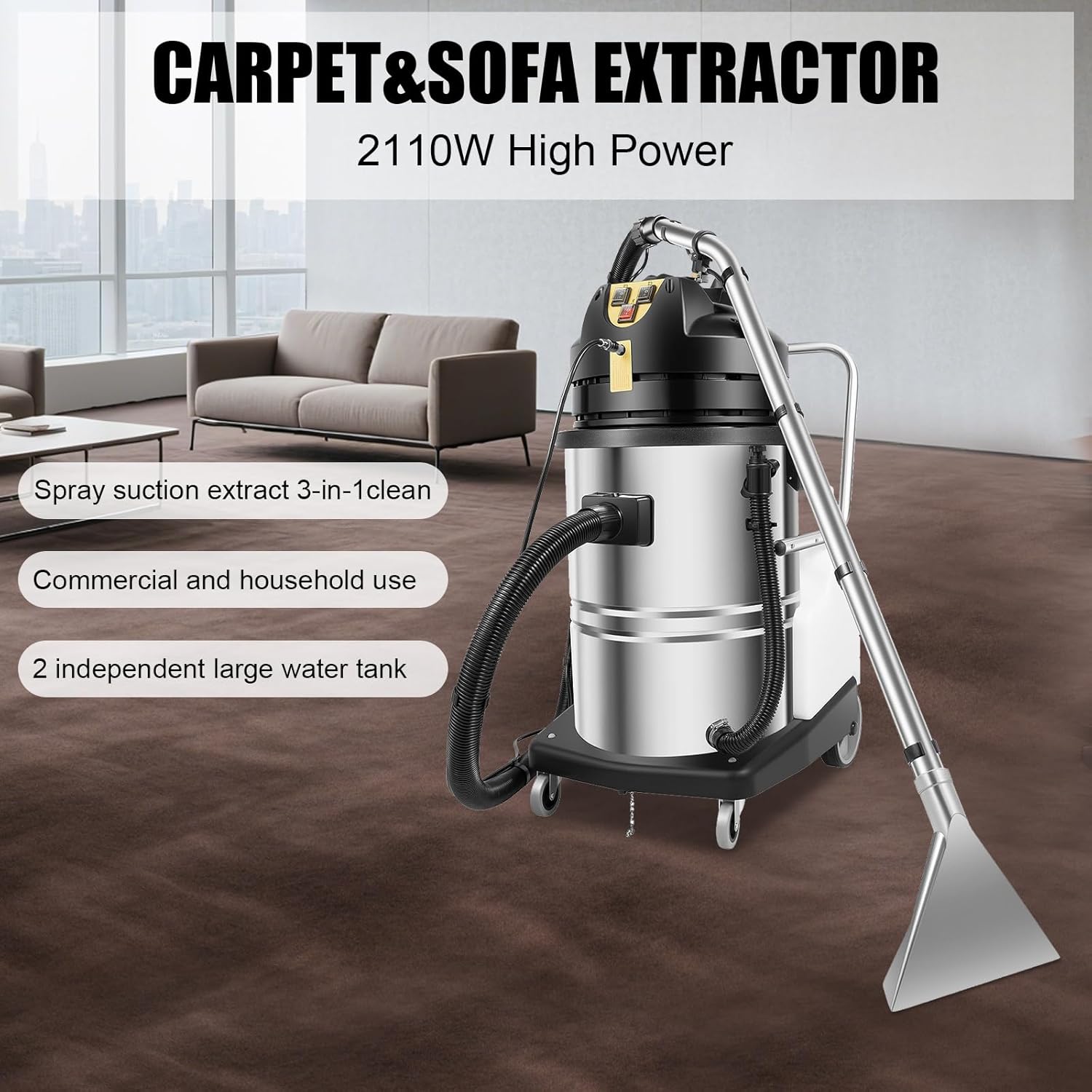 Commercial Carpet Cleaner Machine, 60L/15.85Gal Stainless Steel Spraying&Suction Upholstery Cleaning Machine with 6 Suction Heads for Area Rugs Couch Curtain Car Detailing Deep Cleaning(No Steam)
