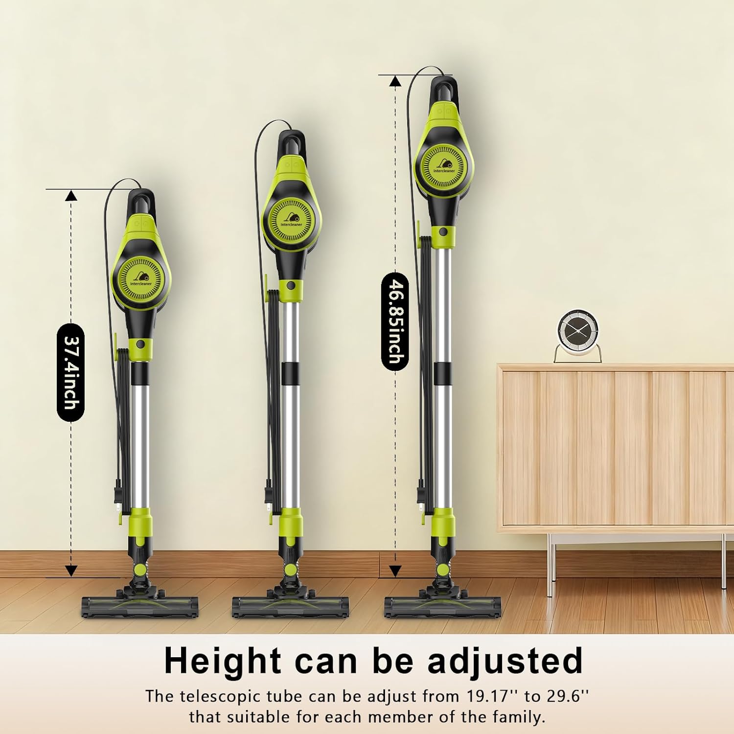 Intercleaner 23Ft Corded Vacuum Cleaner,2 Operation Mode Powerful Suction Stick,19''-30'' Adjustable Tube Handheld Vac for Hard Floors Carpets Pet Hair,Wall Mount Storage