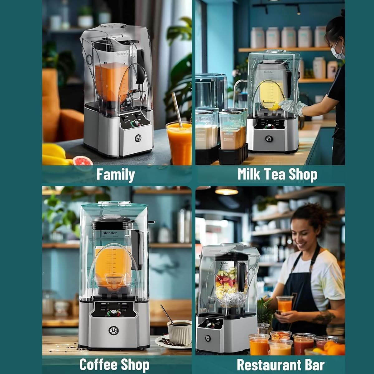 Commercial Professional Blender With Shield Quiet Sound Enclosure 2200W Industries Strong and Quiet Professional-Grade Power, Self-Cleaning, Silver