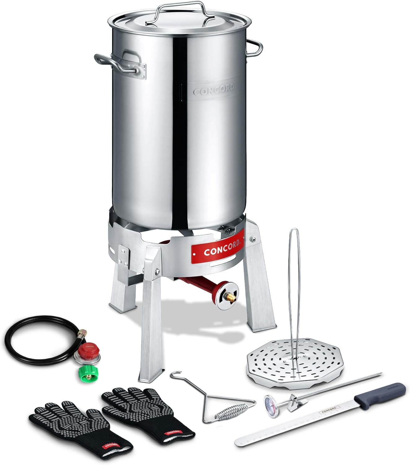 CONCORD Heavy Duty Stainless Steel Deluxe Turkey Fryer Kit with Titan Burner, Rack, Slicer, Hook, Thermometer, Crawfish Boil, and more (Turkey Fryer Kit + Titan Burner)