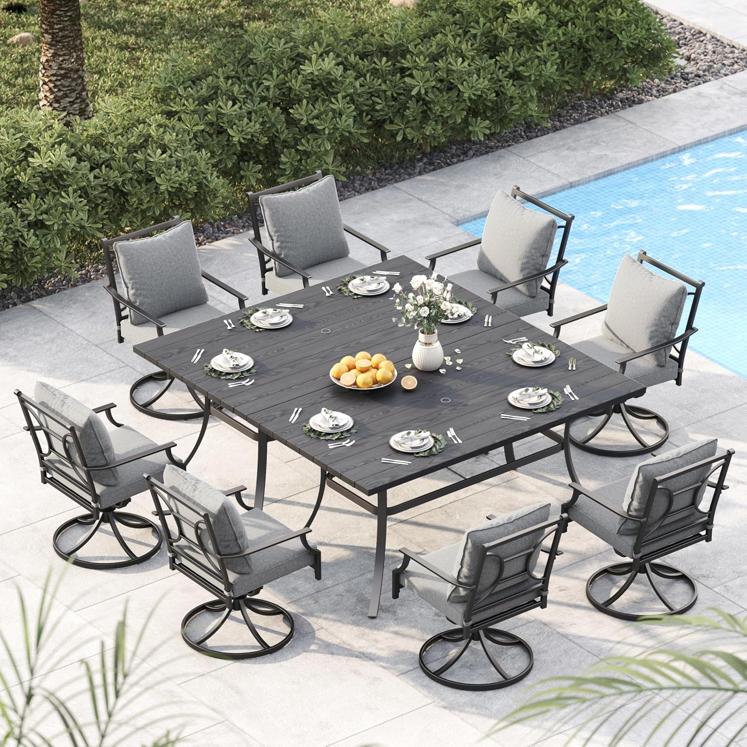 Grand patio 10-Piece Patio Dining Set for 8, 8 E-Coated Outdoor Dining Set Swivel Patio Dining Chairs with Olefin Cushions & 2 Rectangular Faux Woodgrain Table with 1.5”Market Umbrella Hole
