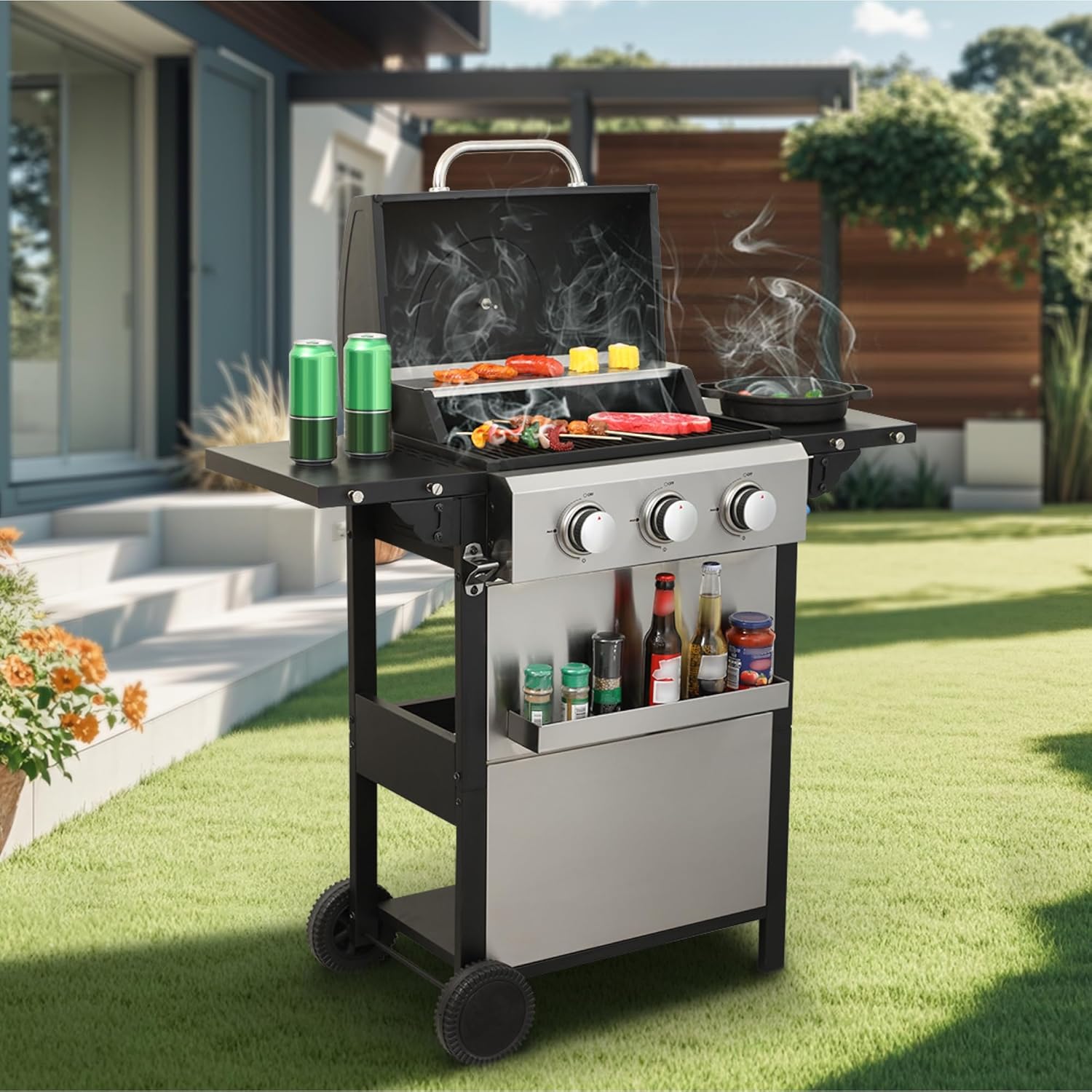 3-Burner Portable Propane Gas Grill with Stainless Steel Plancha Griddle - 25650 BTU Outdoor BBQ Grill with Foldable Side Shelves, Enamel Cooking Grids & Tool Hanging Basket