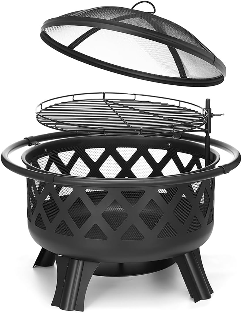 30 Inch Fire Pits for Outside with Grill Wood Burning Firepit Large Steel Firepit Bowl for Patio Backyard Garden Camping with Swivel BBQ Grill, Ash Plate,Spark Screen, Poker