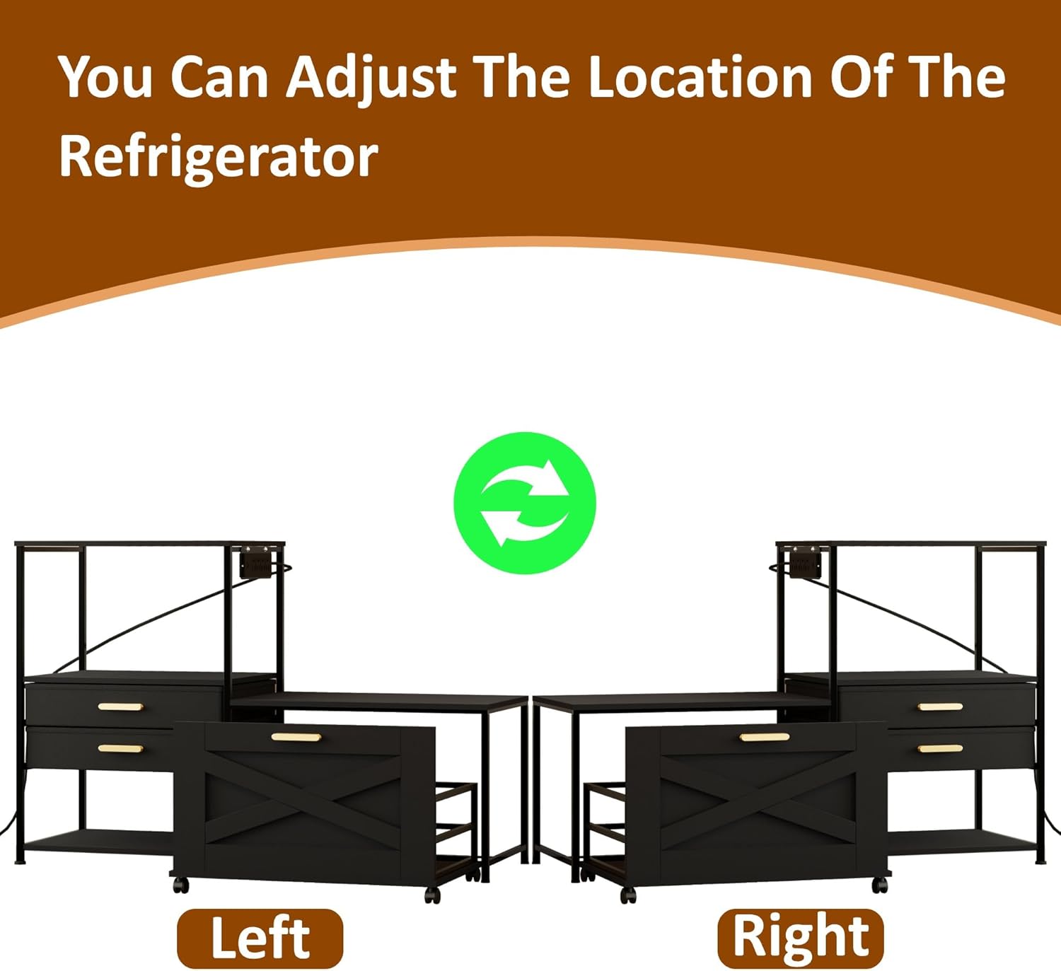 Mini Fridge Stand with Storage, Farmhouse Microwave and Mini Fridge Stand with Power Outlet & Cabinet, Kitchen Bakers Rack with Storage Shelf and Drawers for Home Dorm Office Bar, Black