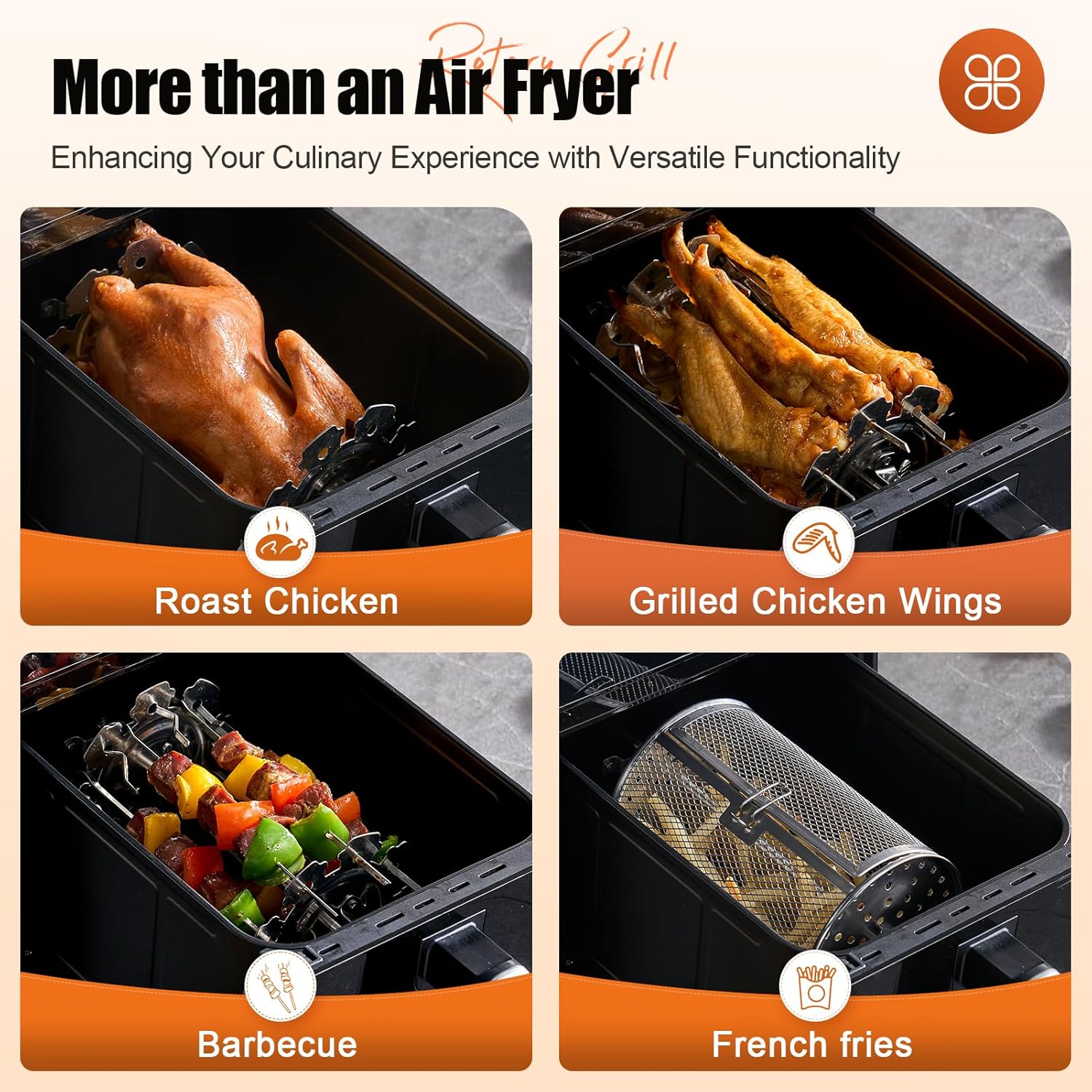 Air Fryer Toaster Oven with Rotisserie, 8.5QT 1650W 6-In-1 Countertop Oven with Stainless Steel Grill, 4 Preheats, 24H Timer, 13 Temp Settings, LED Touchscreen Digital Air Fryer Oven for Bake, Broil