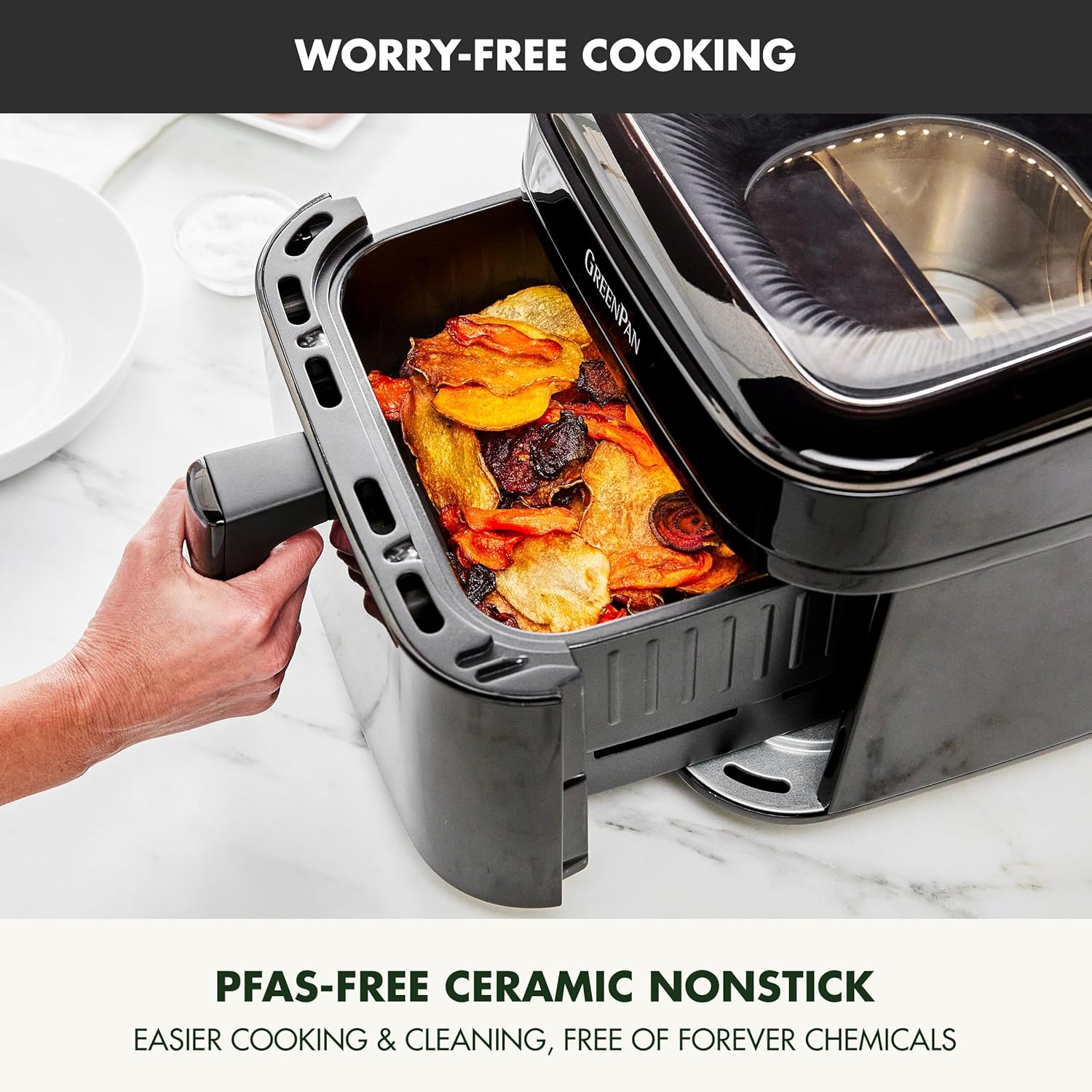 GreenPan Cyclone 7QT 12-in-1 Air Fryer, XL Easy View Window, 400 °F in 4 Seconds, Digital Touch Screen Presets, Ceramic Nonstick PFAS-Free Basket, Shake Reminder, Adjustable Temp & Time Control