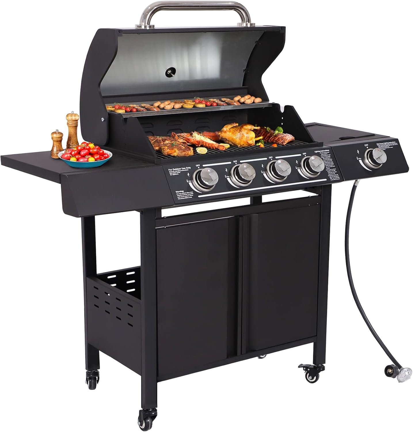 TITIMO 4-Burner Propane Gas Grill with Side Burner Gas Pipe and Stainless Steel Grates 50,000BTU Outdoor Cooking BBQ Grills Perfect Patio Garden Barbecue Grill
