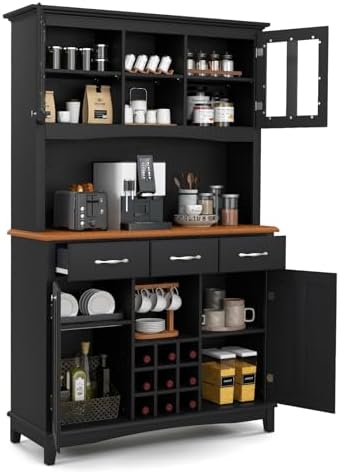 72.5” Buffet with Hutch, Freestanding Pantry Storage Cabinet with Drawers, Adjustable Shelves, Wine Grids, Microwave Countertop, Kitchen Cupboard for Dining Room, Living Room (Black)