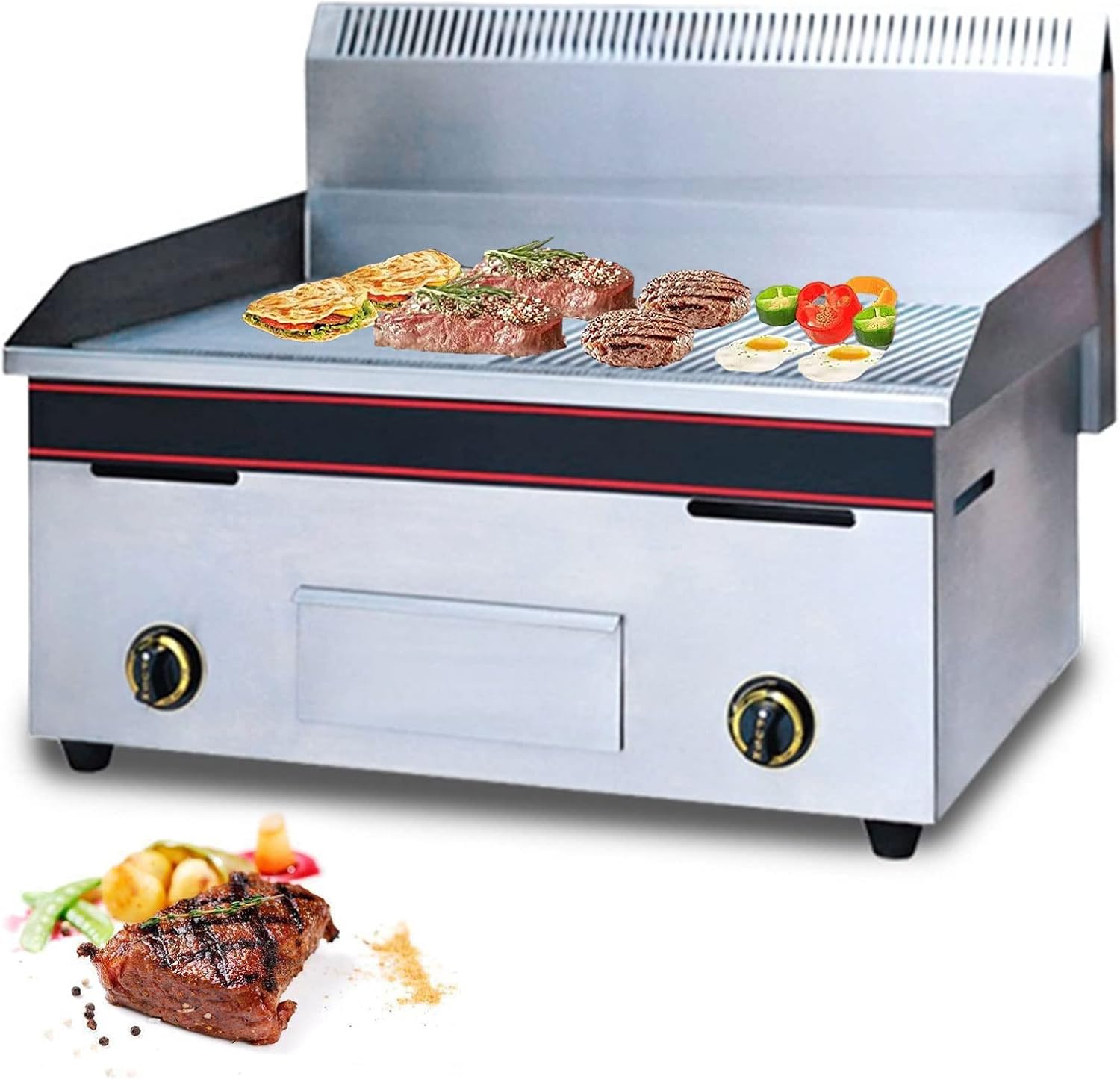 Propane Gas Plancha BBQ Grill Portable Griddle Outdoor Garden Enameled Cast Iron Baking Plate 2 Burner, Adjustable Temperature, Indoor or Outdoor Cooking, Restaurant Kitchen Camping,722