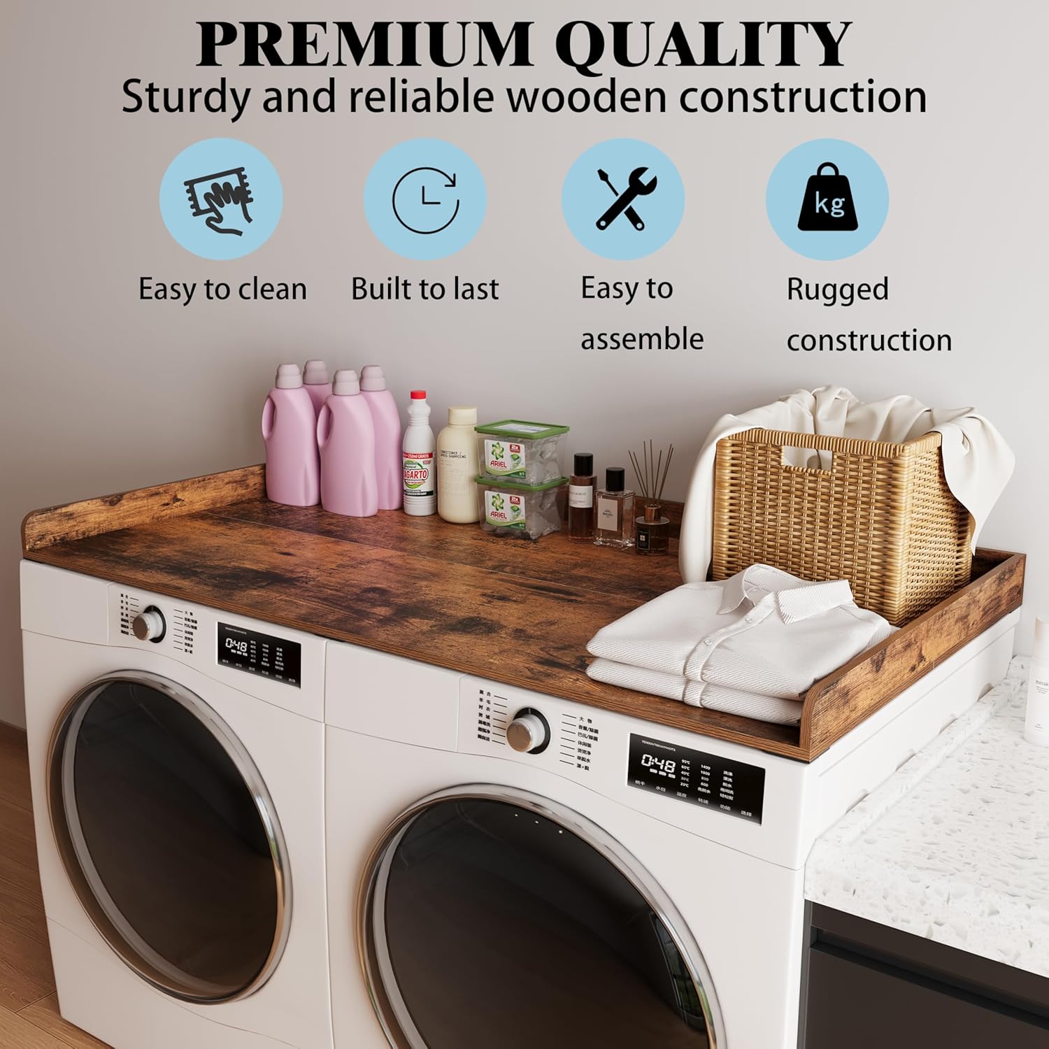 Washer Dryer countertop with Edge Rails and Non-Slip Mat,Wooden Laundry Countertop for Laundry Room Storage Organization (Rustic Brown, Full)