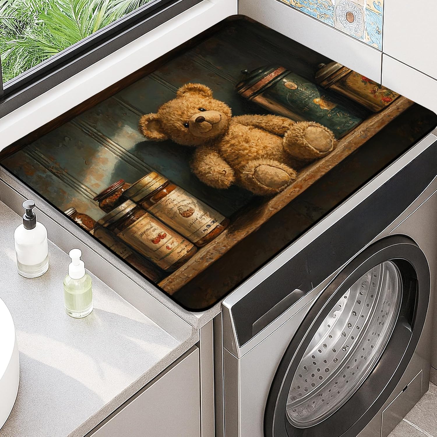 Vintage Bear Washer Dryer Top Protector Mat, Rustic Bear Laundry Machine Dust Cover, Soft Anti-slip Waterproof Mats for Laundry Room 20x24 Inch