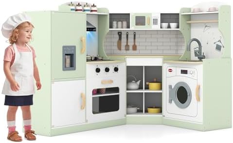 Costzon Corner Kids Kitchen Playset, Wooden Play Kitchen w/Sounds & Lights, Washing Machine, Range Hood, Ice Maker, Microwave, Oven, Sink, Pretend Toy Kitchen Set for Toddler, Gift for Boys Girls