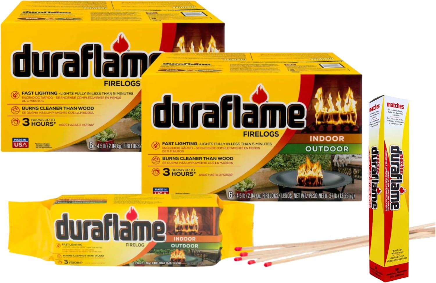 Duraflame 12-Pack Indoor/Outdoor Logs for Fireplace & Fire Pit, 3-Hour Burn, 4.5lb Each (2 Pack + Matches)