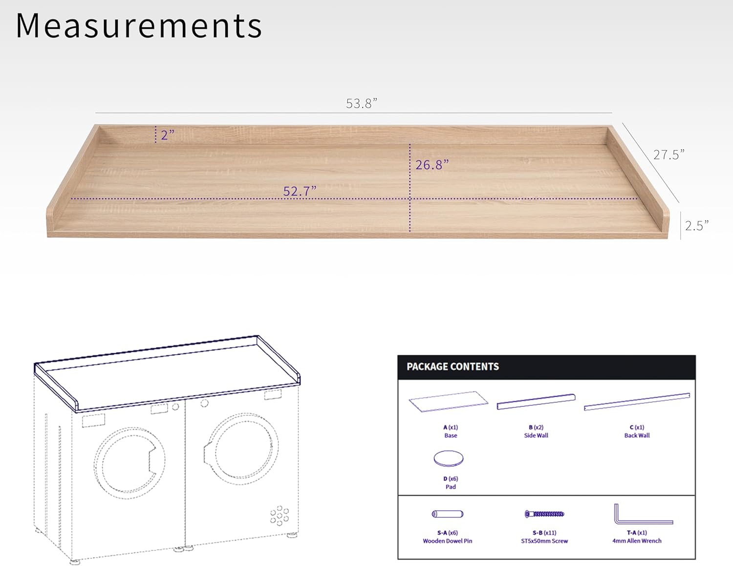 Life Finds 54 inch Washer Dryer Countertop with Safety Ledge for Laundry Room Organization, Light Wood, LF-WDCT1C