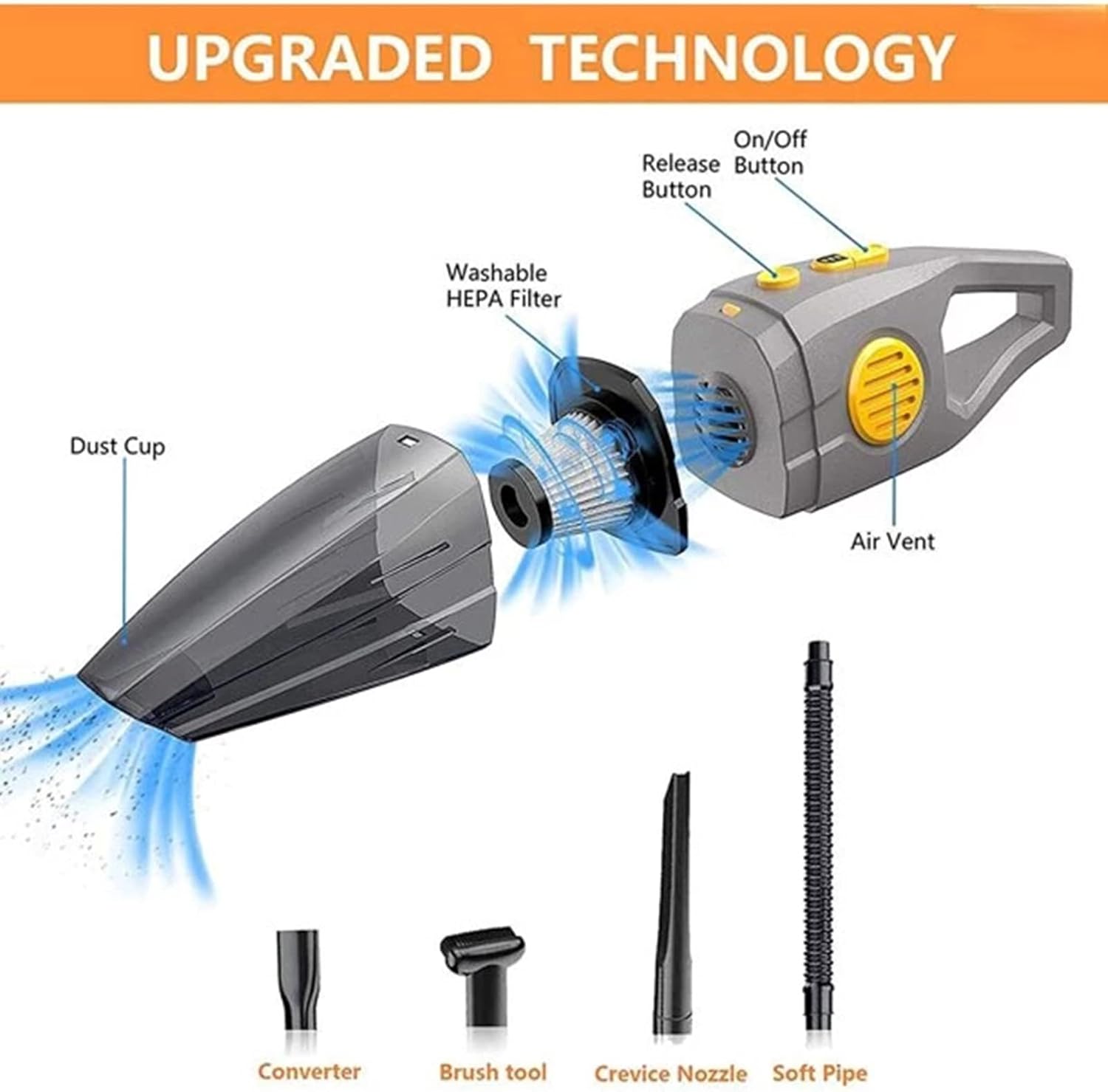 Portable Car Vacuum Cleaner High Power 9000PA Suction, 16Ft Corded Handheld Vacuum with Multi-Nozzles for Home, Pet Hair, Car Cleaning,Gray