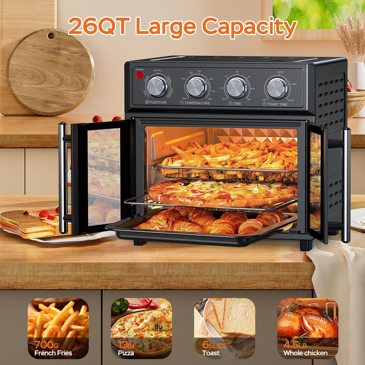PlumChef 29.5QT Large capacity French Double-Door Air Fryer Convection Toaster Oven,1700W, 7 Preset Menus, 7-in-1 Multi-Function for Bake, Roast, Grill, Toast, Dehydrate& Defrost,Stainless Steel,Black